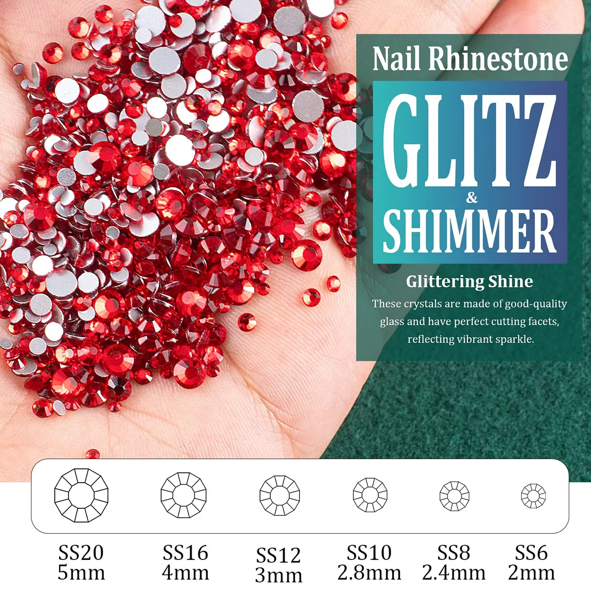 BELLEBOOST Nail Art Rhinestones Kit with Pickup Pen & Tweezer, 6 Sizes, Glass, Round, Red | Vibrant Shine for DIY & Professional Nails - view 3