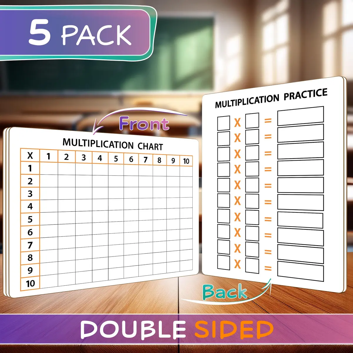 Scribbledo Multiplication Chart Dry Erase Boards 9x12 Inch (22.86cm x 30.48cm), 5 Pack with Erasers | Reusable Math Practice for Grades 3-5 - view 3