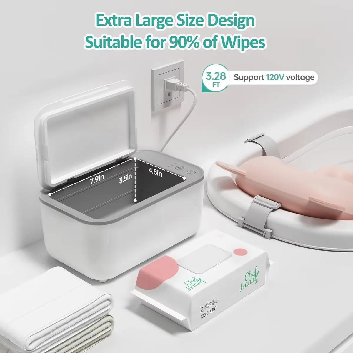 Chefhandy Baby Wipe Warmer with Surround Heating, Large Capacity, White | 200ml (7.9 x 4.8 x 3.5 Inch) - view 4