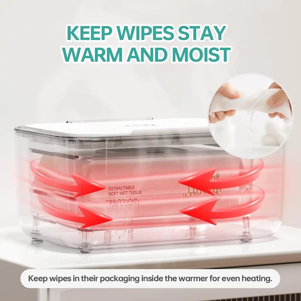 Chefhandy Baby Wipe Warmer with Surround Heating, Large Capacity, White | 200ml (7.9 x 4.8 x 3.5 Inch) - view 6