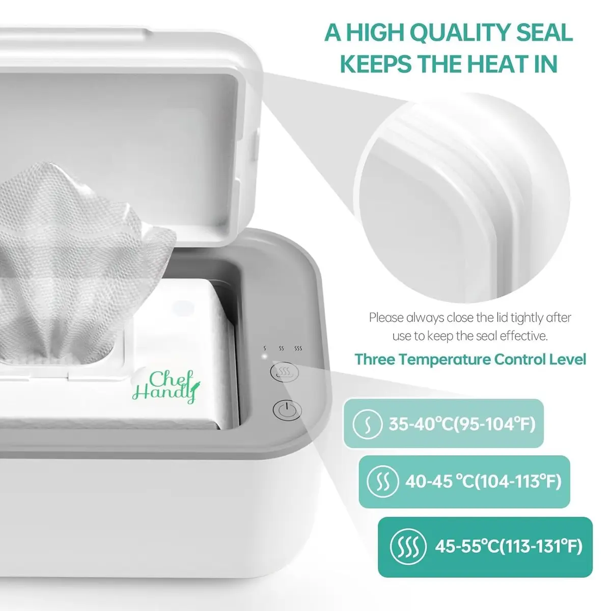 Chefhandy Baby Wipe Warmer with Surround Heating, Large Capacity, White | 200ml (7.9 x 4.8 x 3.5 Inch) - view 2
