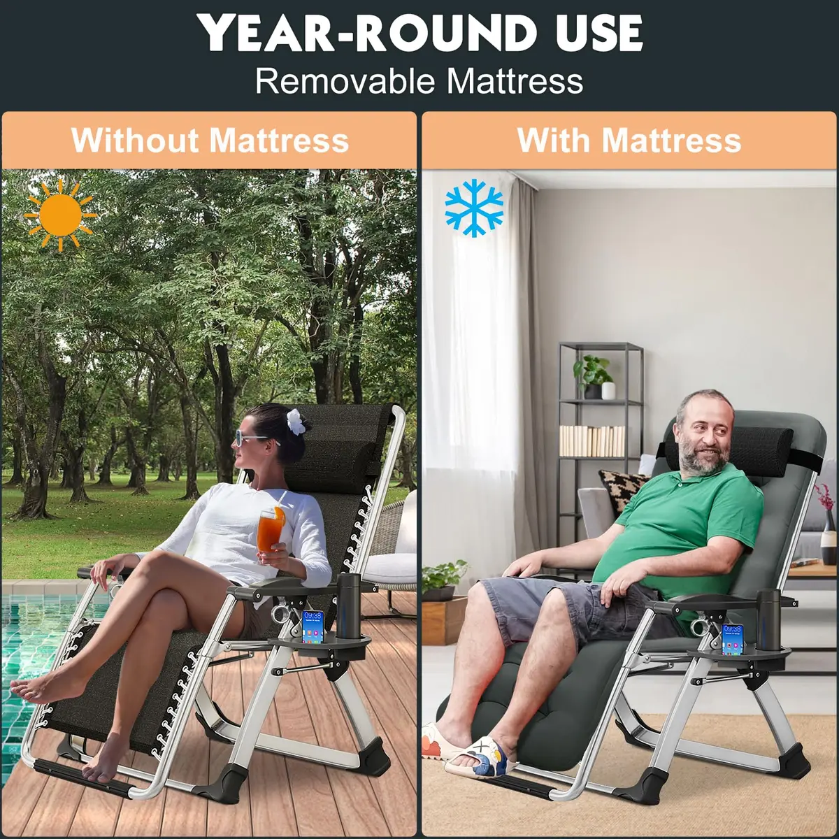 MOPHOTO Zero Gravity Chair, Outdoor Padded Lounge Chair with Side Table, Supports up to 440lbs - view 5