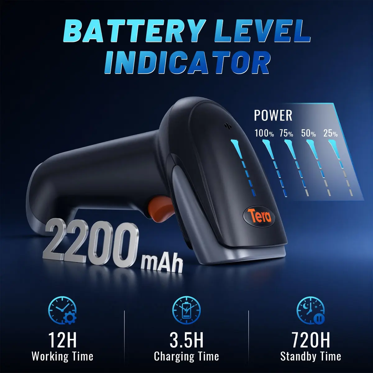 Tera Barcode Scanner with Battery Indicator | Wireless 1D/2D Reader, 640x480 CMOS, Bluetooth & USB, Grey (2200mAh, 50 fps) - view 2