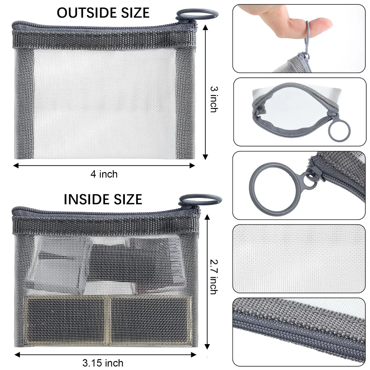 Frienda 10 Pcs Small Mesh Zipper Bags 7.6cm x 10.2cm (3 x 4 Inch) | Grey Cosmetic Travel Pouches - view 2
