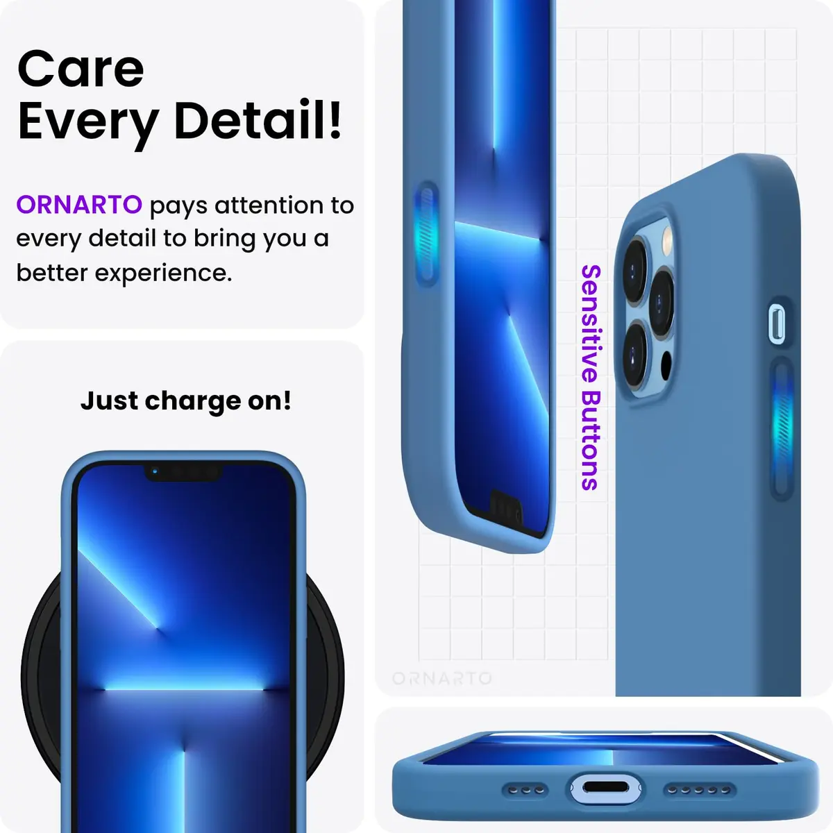 ORNARTO for iPhone 13 Pro Case, Slim Liquid Silicone, Blue | Anti-Dust & Shock-Absorbent - view 5