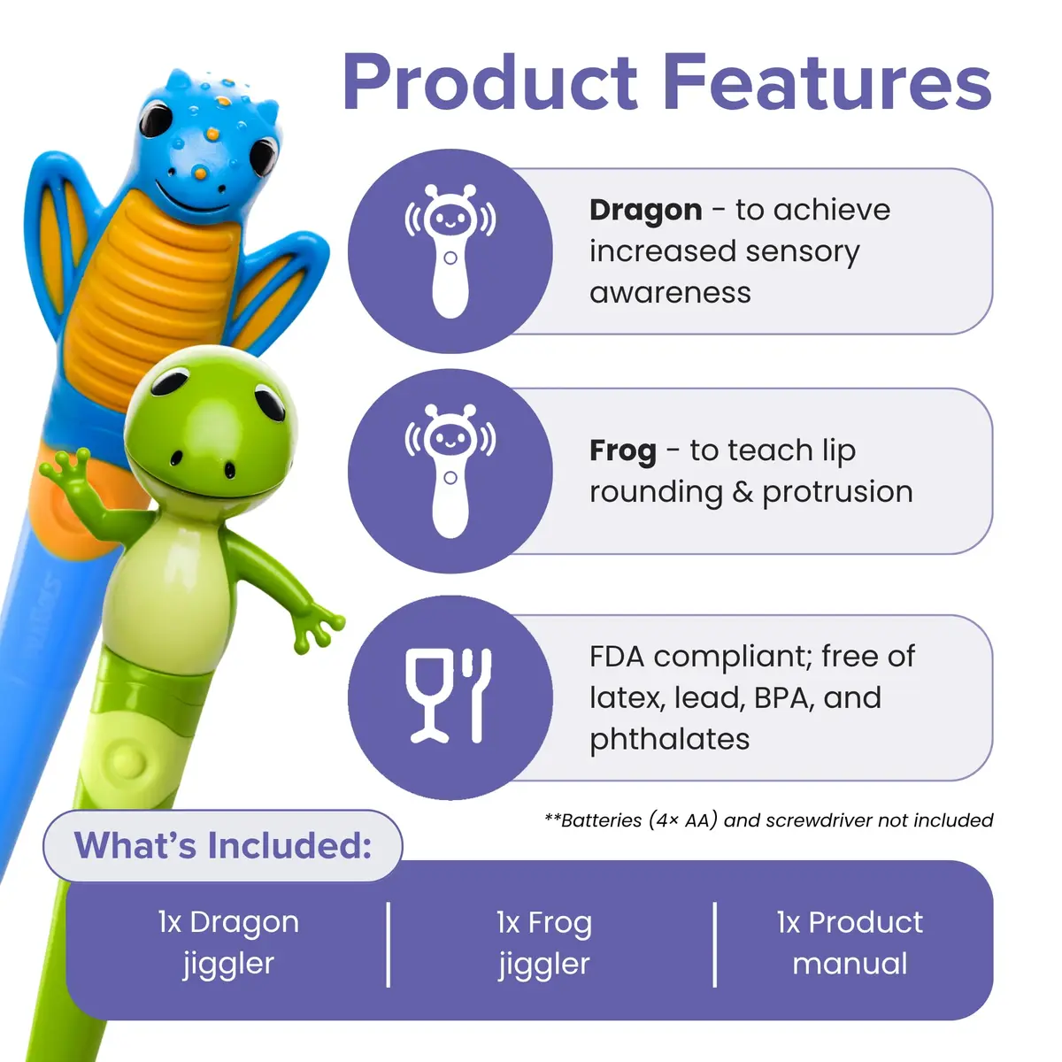 TalkTools Jiggler Oral Motor Tool Set for Kids - Vibration Sensory Awareness for Jaw & Lips, Speech & Feeding Aid | Dragon & Frog, Set of 2 (Blue & Green) - view 3