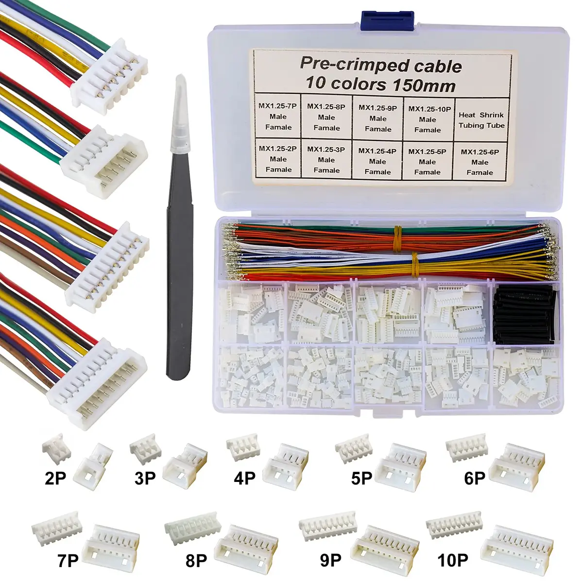 Keszoox MX 1.25mm Connector Kit with 28AWG Pre-Crimped Cables (240 Connectors, 200 Cables) | Molex PicoBlade Compatible for Pixhawk - main product image