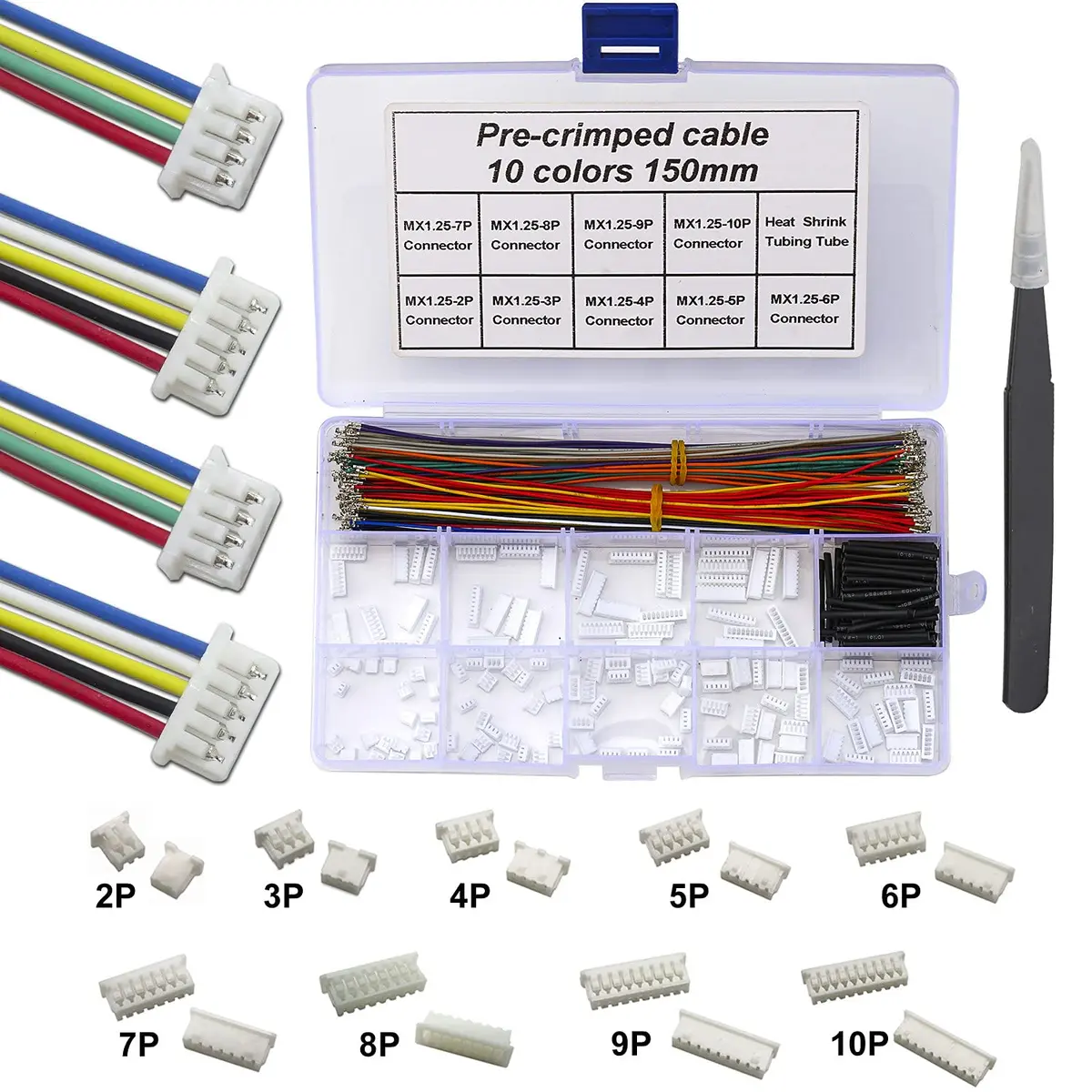 Keszoox MX 1.25mm Connector Kit with 28AWG Pre-Crimped Cables (200pcs, 150mm) | Molex PicoBlade Compatible for Pixhawk Drones - main product image