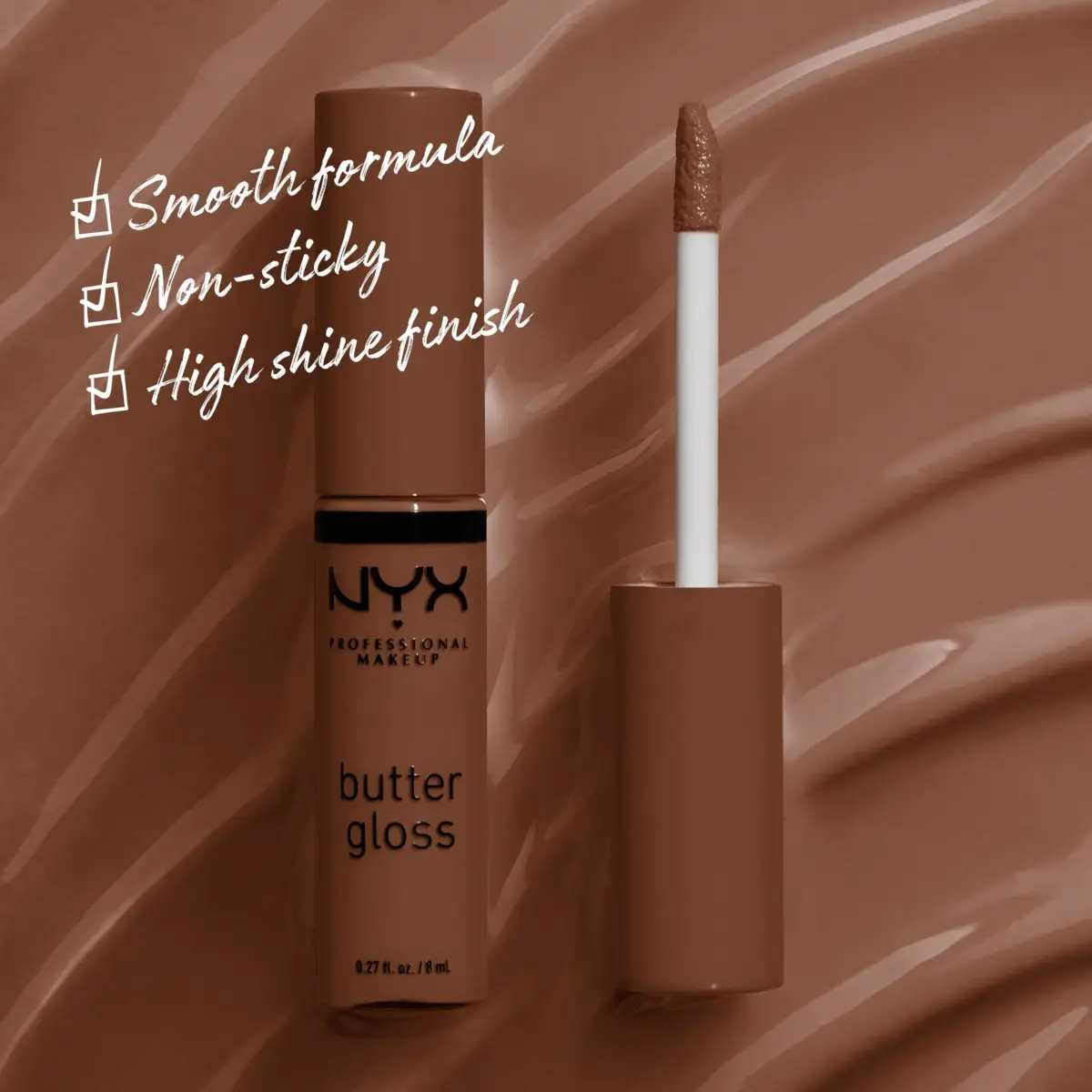 NYX PROFESSIONAL MAKEUP Butter Gloss "Brown Sugar" Non-Sticky Lip Gloss, Shade: Fudge Me (Warm Brown) - view 2