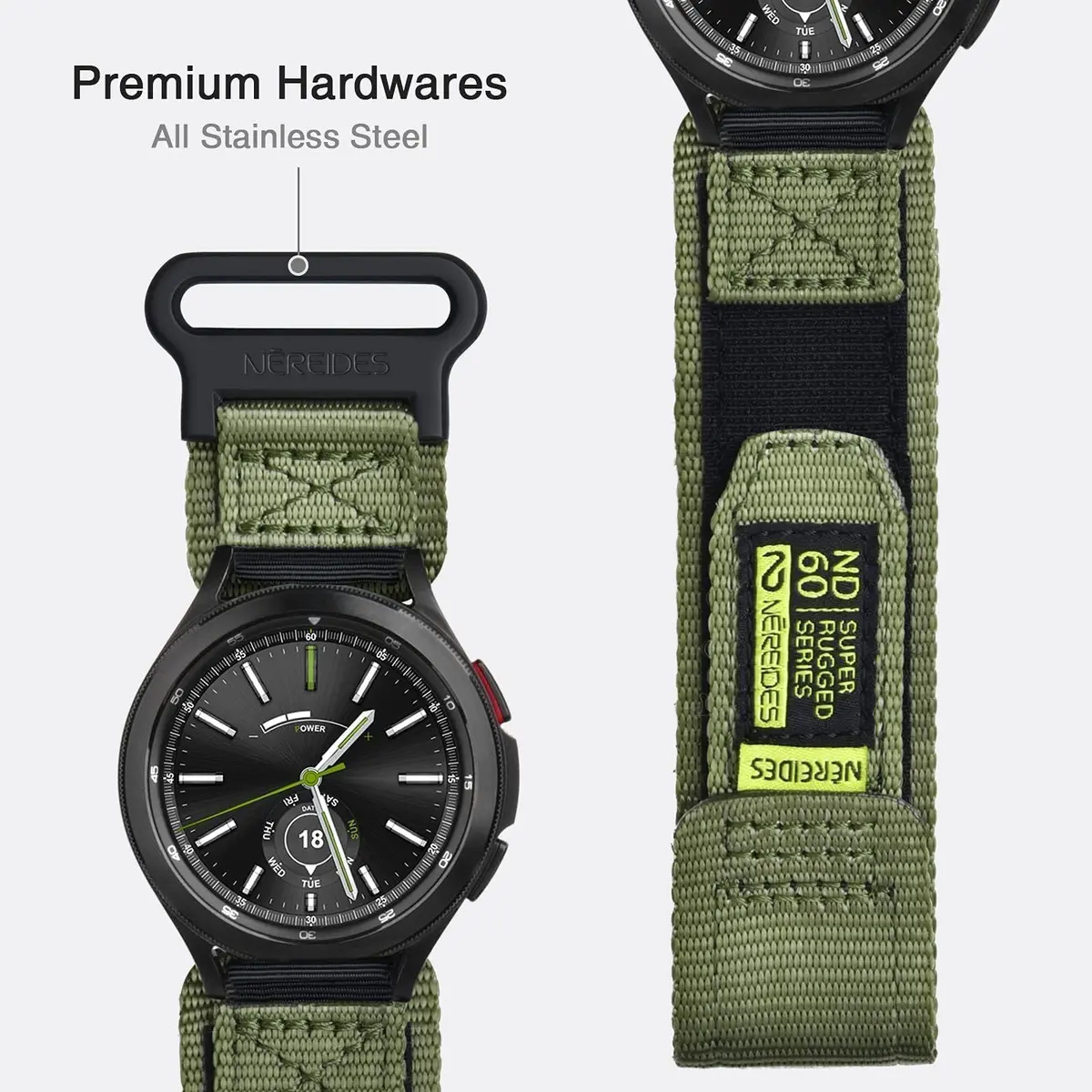 Nereides Nylon Watch Band Compatible with Samsung Galaxy Watch 7/6/5/4 40mm 44mm, 20mm Sport Strap (Army Green, L) - view 5