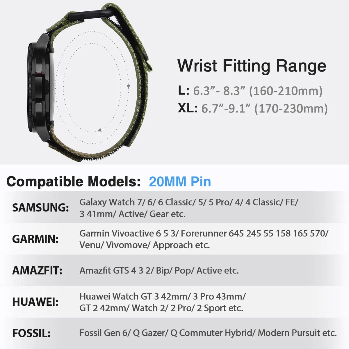Nereides Nylon Watch Band Compatible with Samsung Galaxy Watch 7/6/5/4 40mm 44mm, 20mm Sport Strap (Army Green, L) - view 3