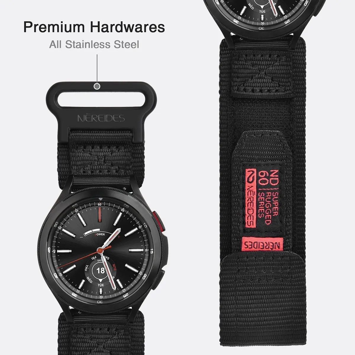 Nereides Black Nylon Watch Band for Samsung Galaxy Watch 7/6/5/4 40mm 44mm | Compatible with 20mm Smartwatches - view 5