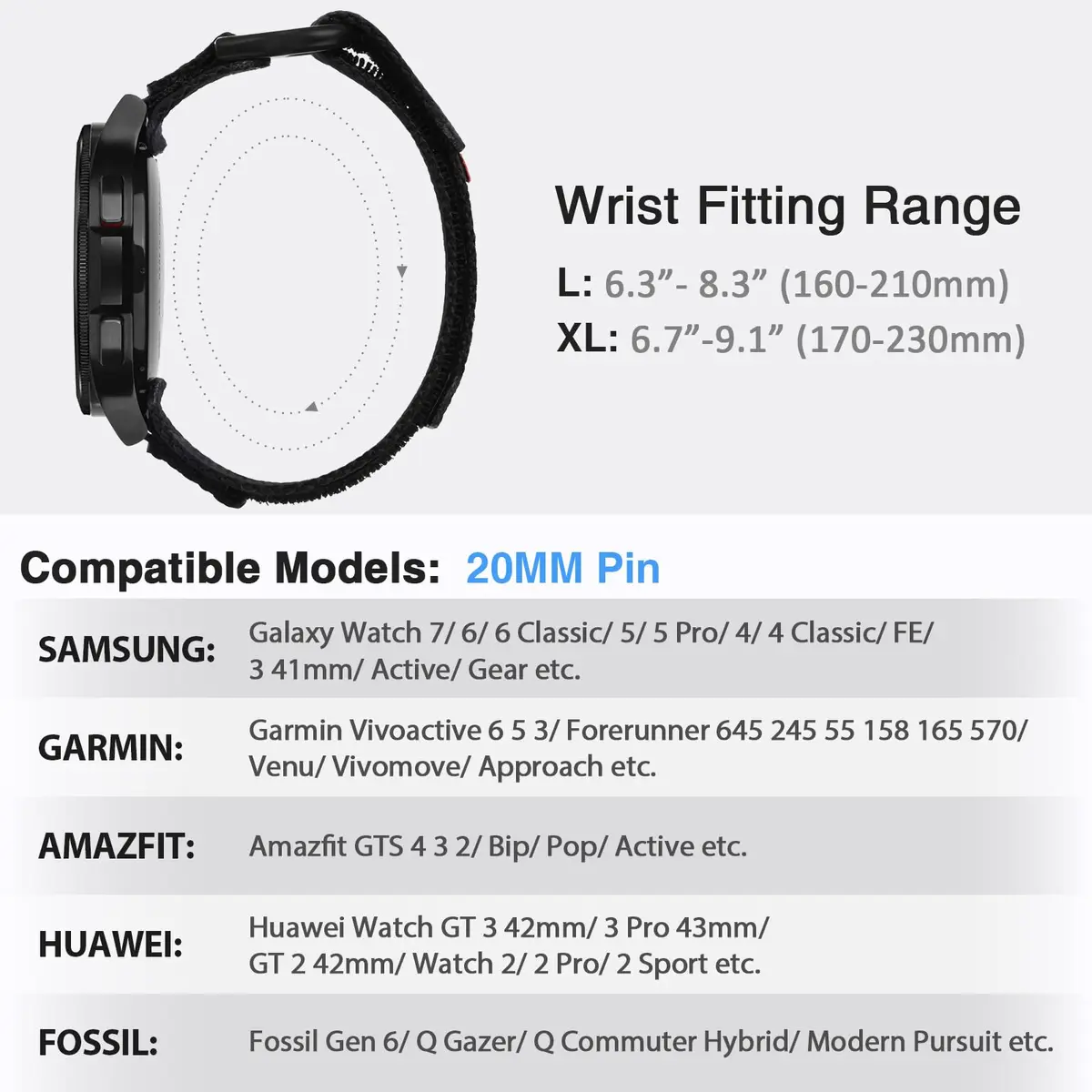 Nereides Black Nylon Watch Band for Samsung Galaxy Watch 7/6/5/4 40mm 44mm | Compatible with 20mm Smartwatches - view 3