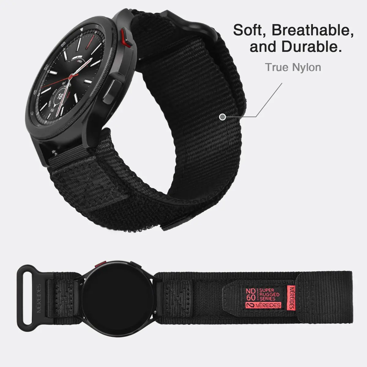 Nereides Black Nylon Watch Band for Samsung Galaxy Watch 7/6/5/4 40mm 44mm | Compatible with 20mm Smartwatches - view 4