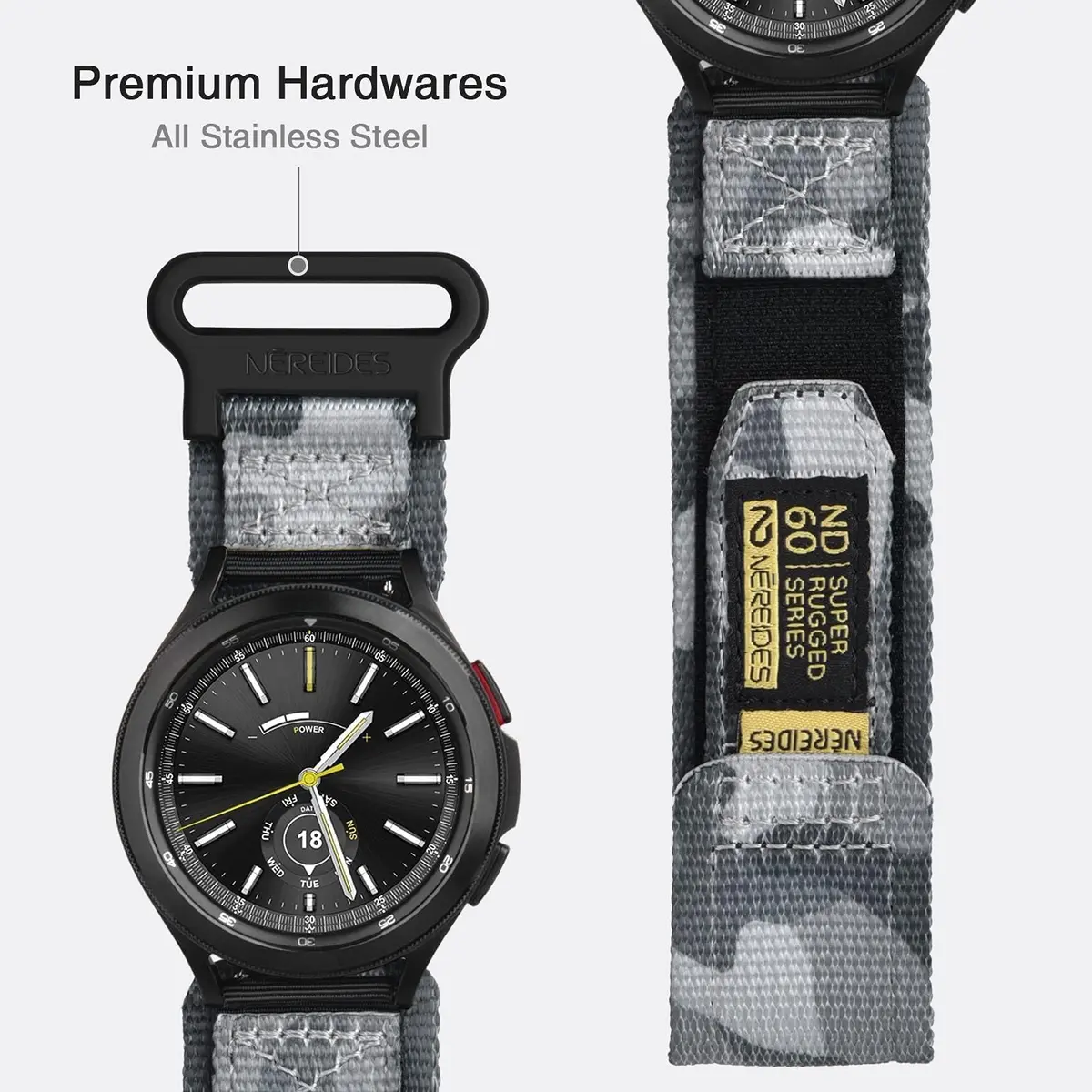 Nereides 20mm Nylon Watch Band for Samsung Galaxy Watch 7/6/5/4 40mm 44mm, Classic 42mm 46mm, 5 Pro 45mm, Active 2 40mm 44mm | Breathable Camouflage Sports Strap - view 5