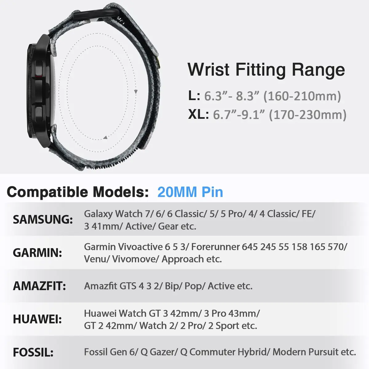 Nereides 20mm Nylon Watch Band for Samsung Galaxy Watch 7/6/5/4 40mm 44mm, Classic 42mm 46mm, 5 Pro 45mm, Active 2 40mm 44mm | Breathable Camouflage Sports Strap - view 3
