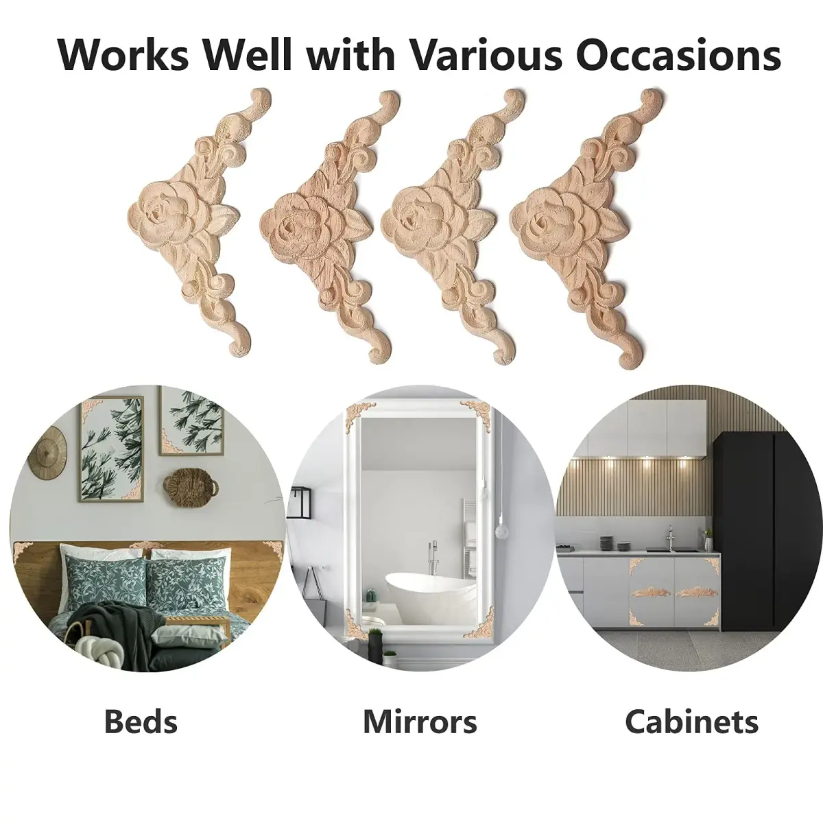 LizhiPier Rose Wood Appliques 8cm (3.15") | 4Pcs Unpainted Oak Wood Carved Decals for Furniture DIY - view 4
