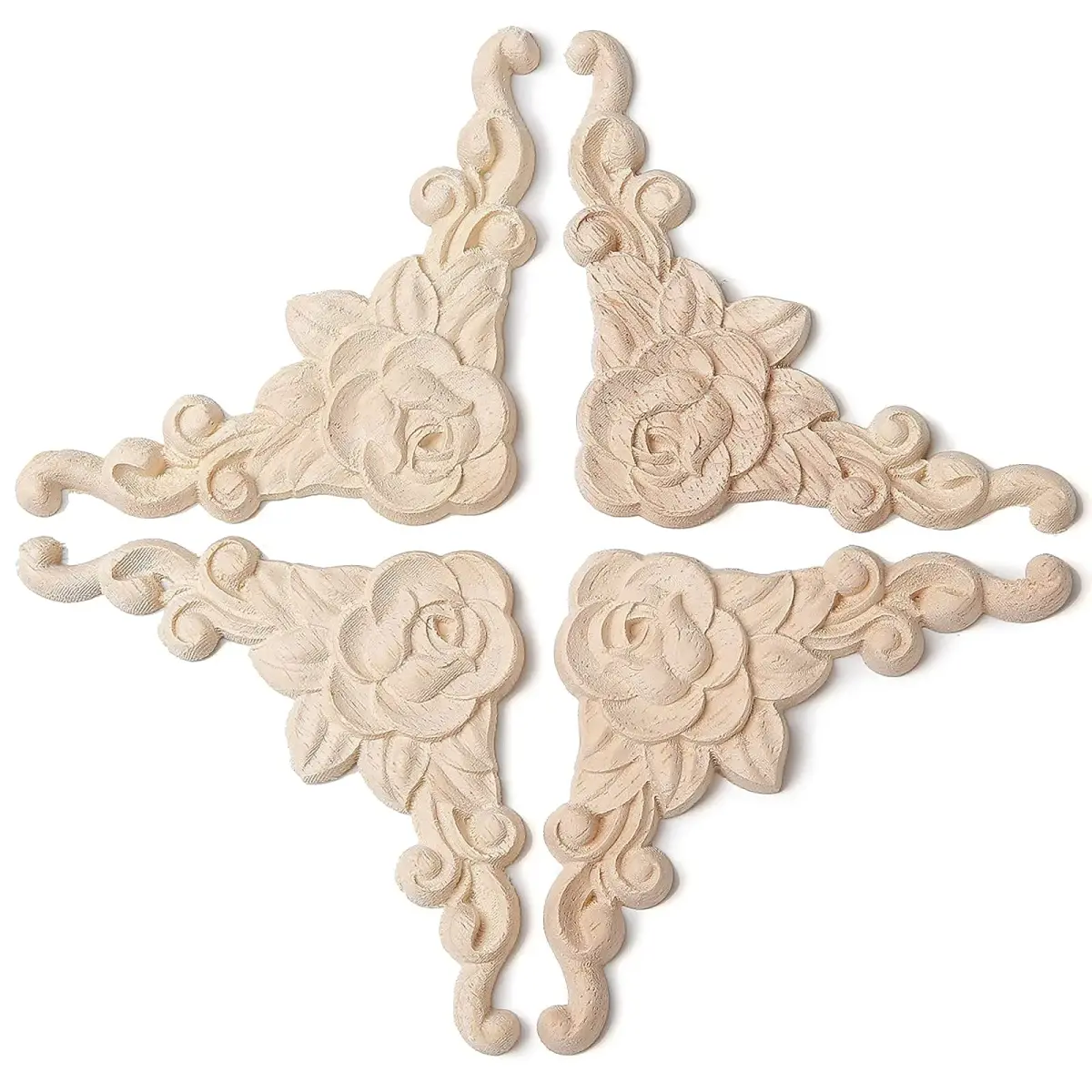 LizhiPier Wood Appliques Onlays for Furniture, 4-Pack Unpainted Oak Rose Decals 10cm (3.94") | DIY Decorative Corners for Bed Wall Dresser Mirror Door Cabinet Wardrobe - view 5