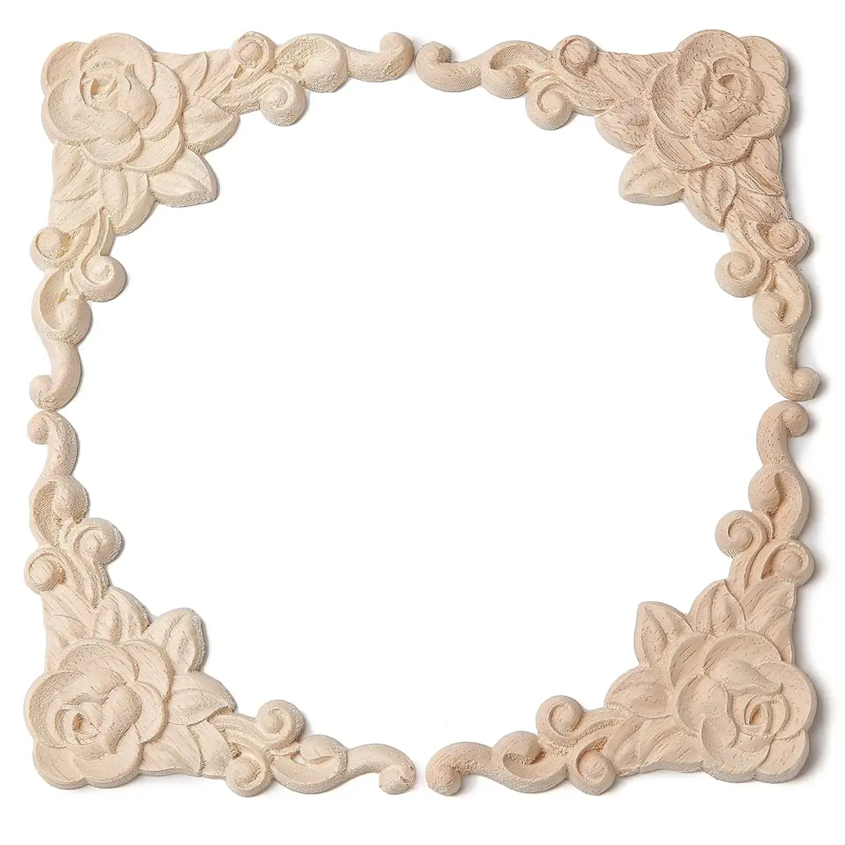 LizhiPier Wood Appliques Onlays for Furniture, 4-Pack Unpainted Oak Rose Decals 10cm (3.94") | DIY Decorative Corners for Bed Wall Dresser Mirror Door Cabinet Wardrobe - view 2