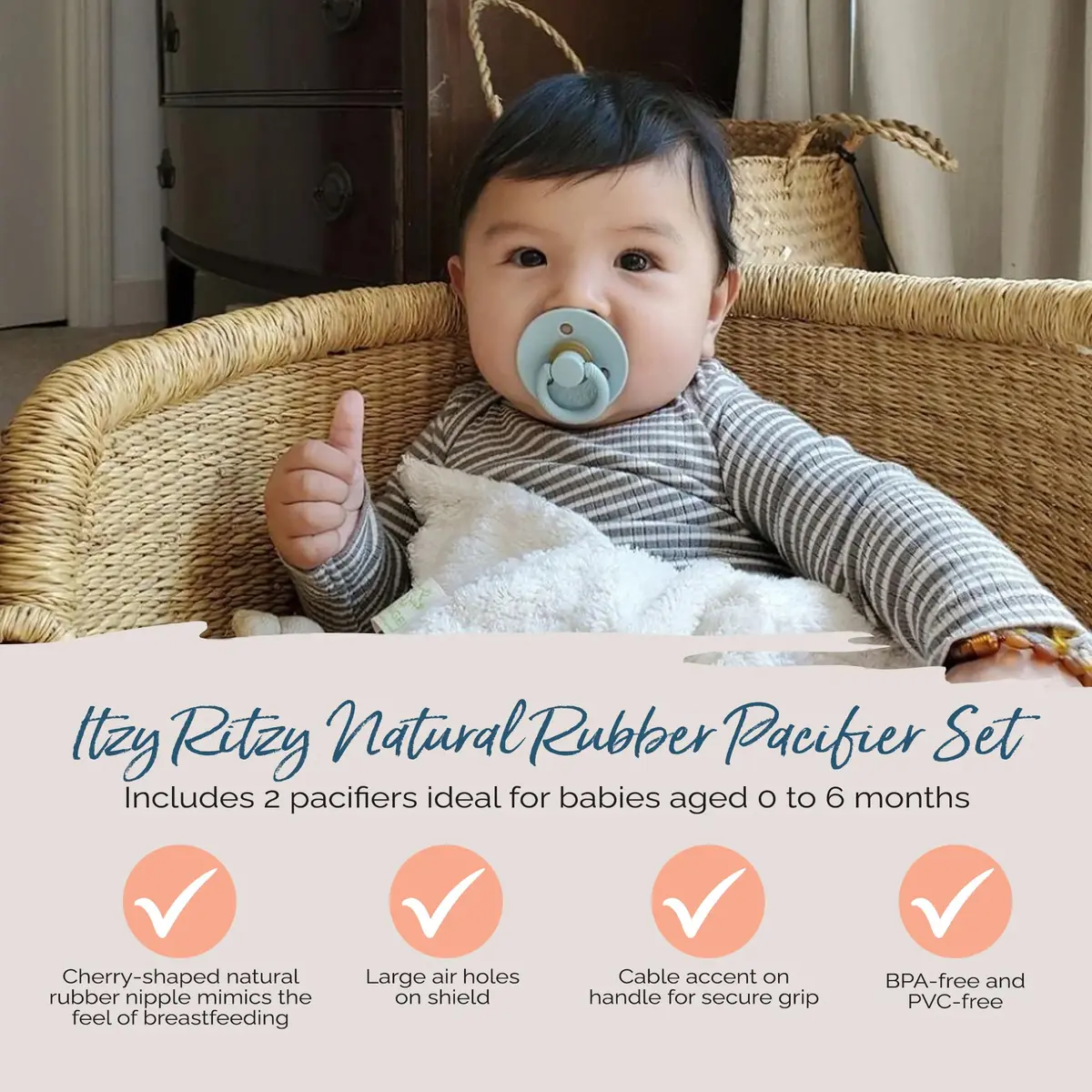 Itzy Ritzy Natural Rubber Pacifiers for 0–6 Mos | BPA-Free, Cherry-Shaped Nipple, Large Air Holes, Set of 2 - view 3