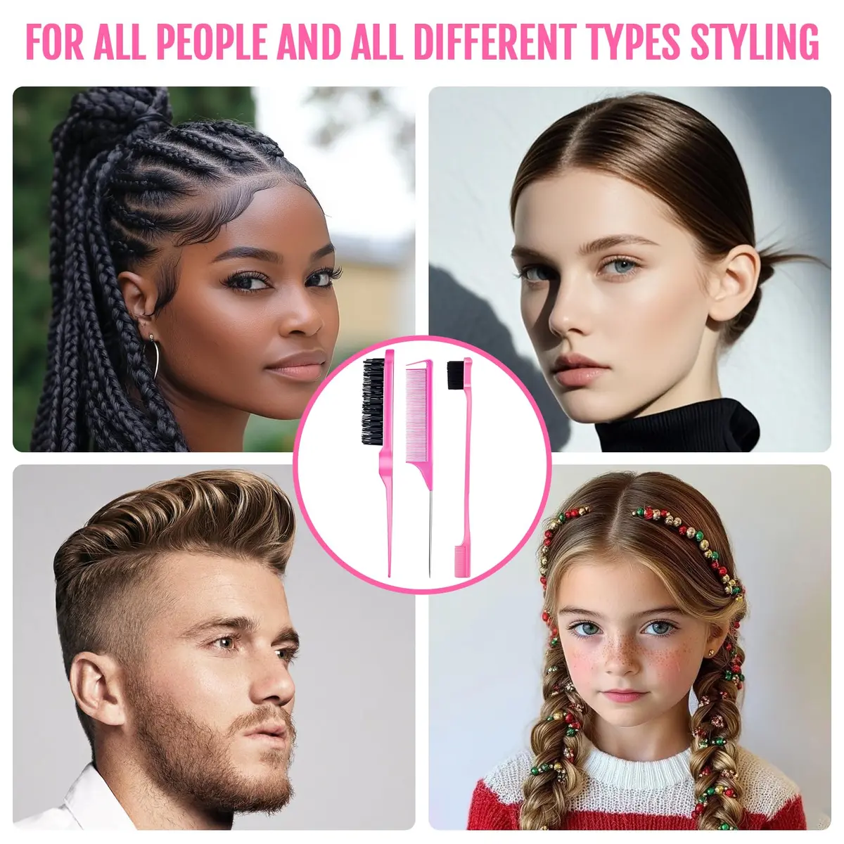Goiple Pink Hair Styling Comb Set 3 Pieces | Detangling & Edge Brush for Women - view 6
