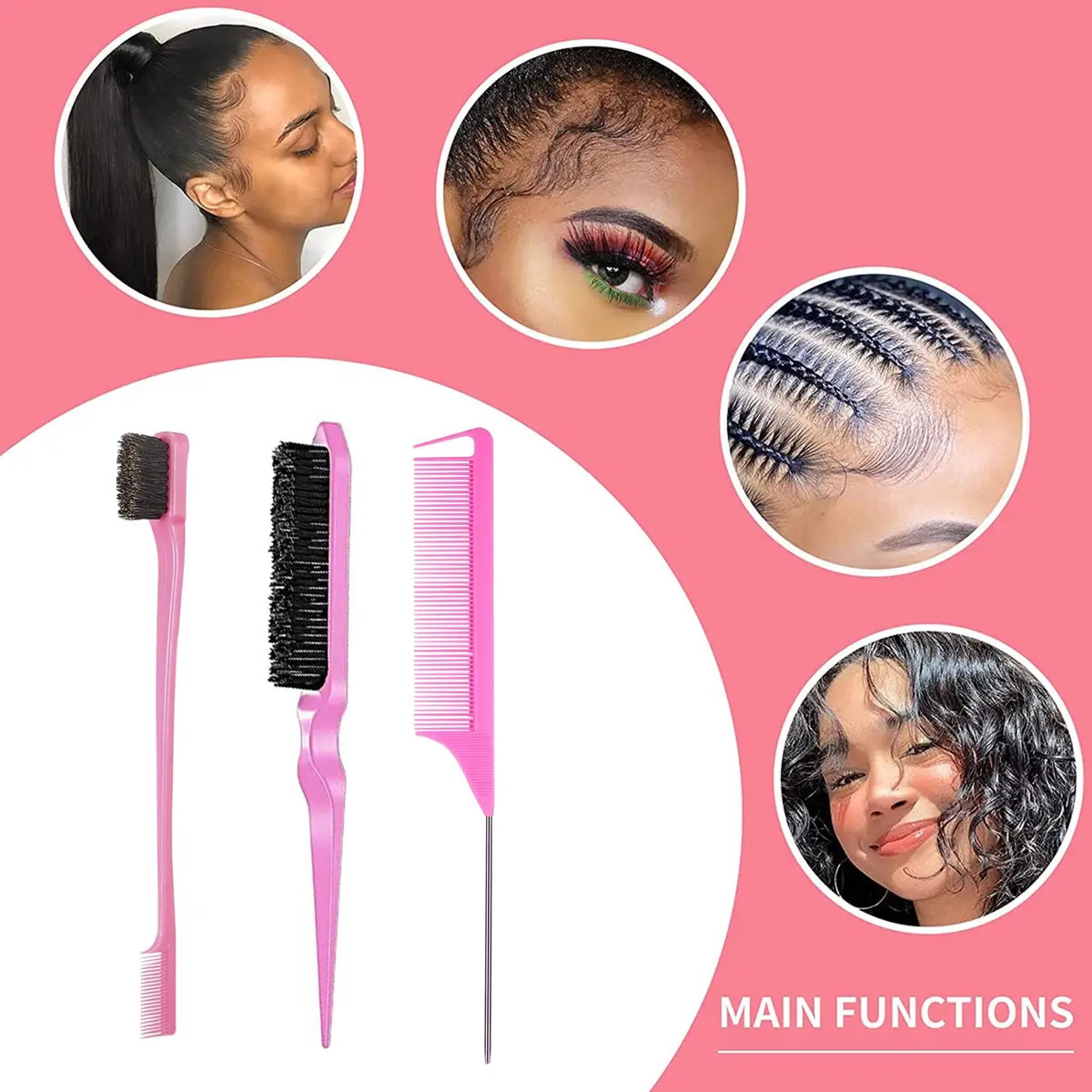 Goiple Pink Hair Styling Comb Set 3 Pieces | Detangling & Edge Brush for Women - view 7