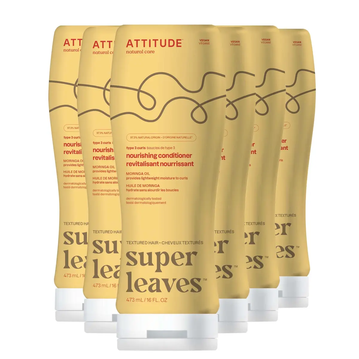 ATTITUDE Nourishing Conditioner for Curly Hair with Moringa Oil, Vegan and Naturally Derived, 3a, 3b, 3c Curl Type, 532ml (18 Fl Oz) Pack of 6 | Lightweight Moisture for Defined Curls - main product image