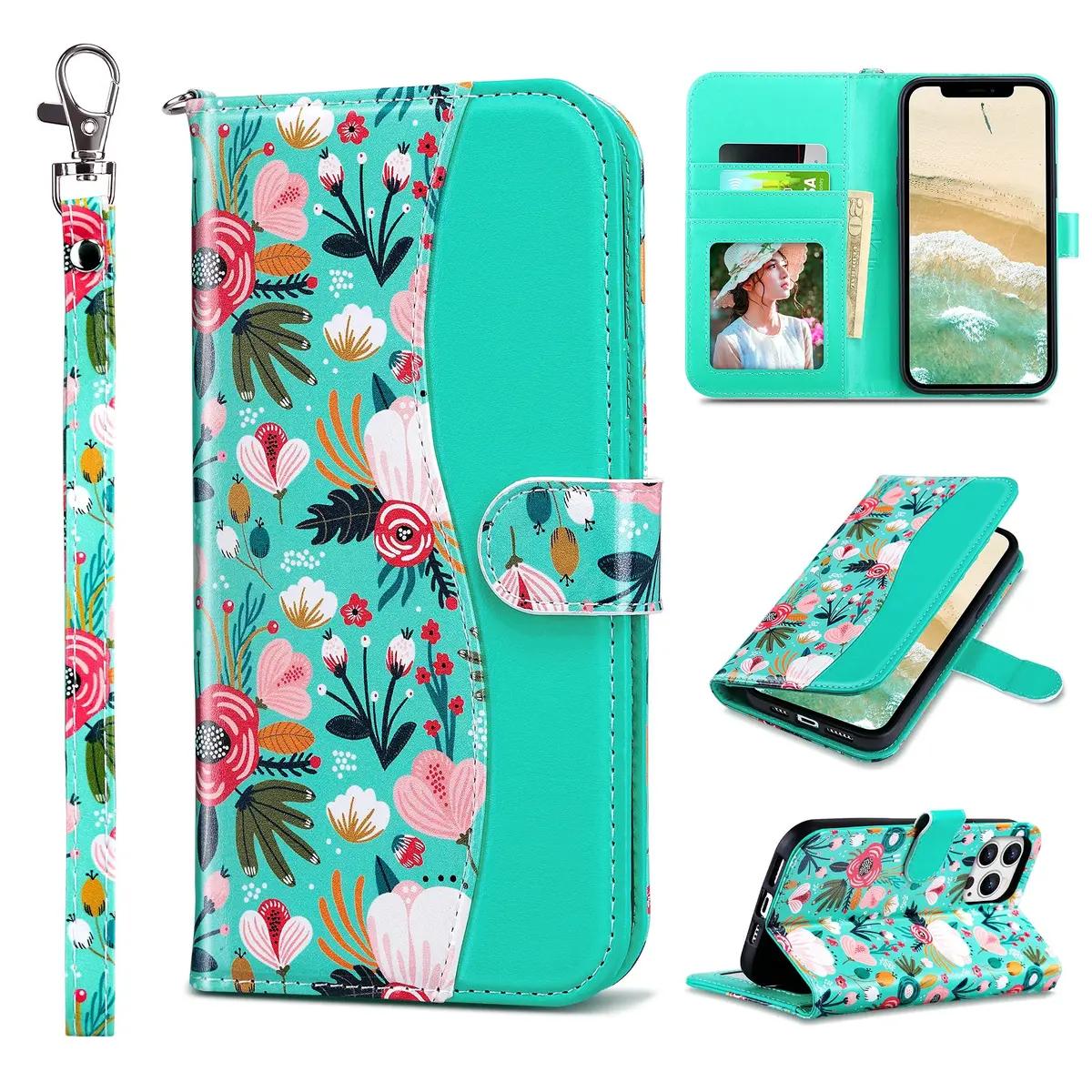 ULAK Mint Floral Wallet Case for iPhone 13 Pro Max 6.7" | Card Holder Flip Cover with Kickstand - main product image