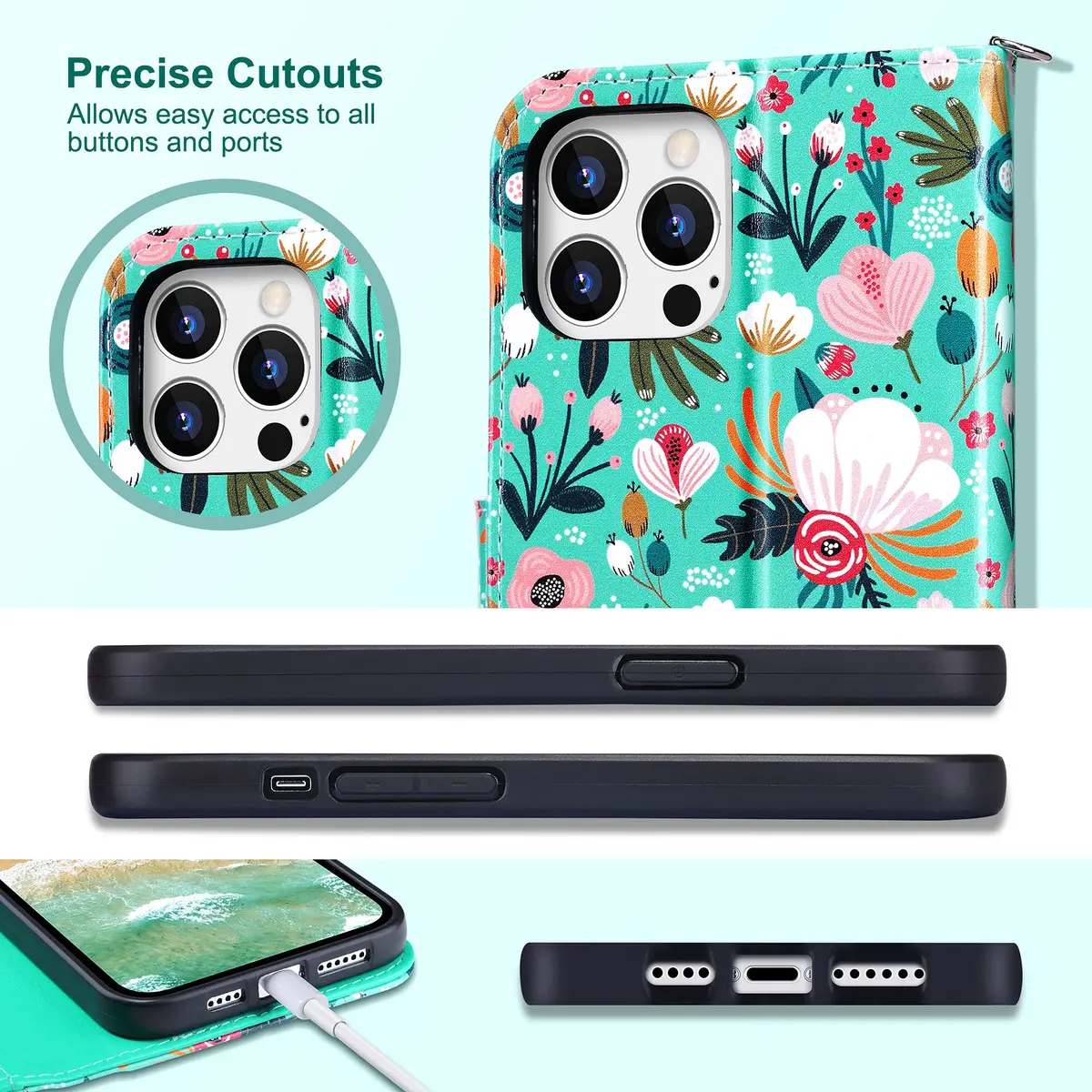 ULAK Mint Floral Wallet Case for iPhone 13 Pro Max 6.7" | Card Holder Flip Cover with Kickstand - view 6