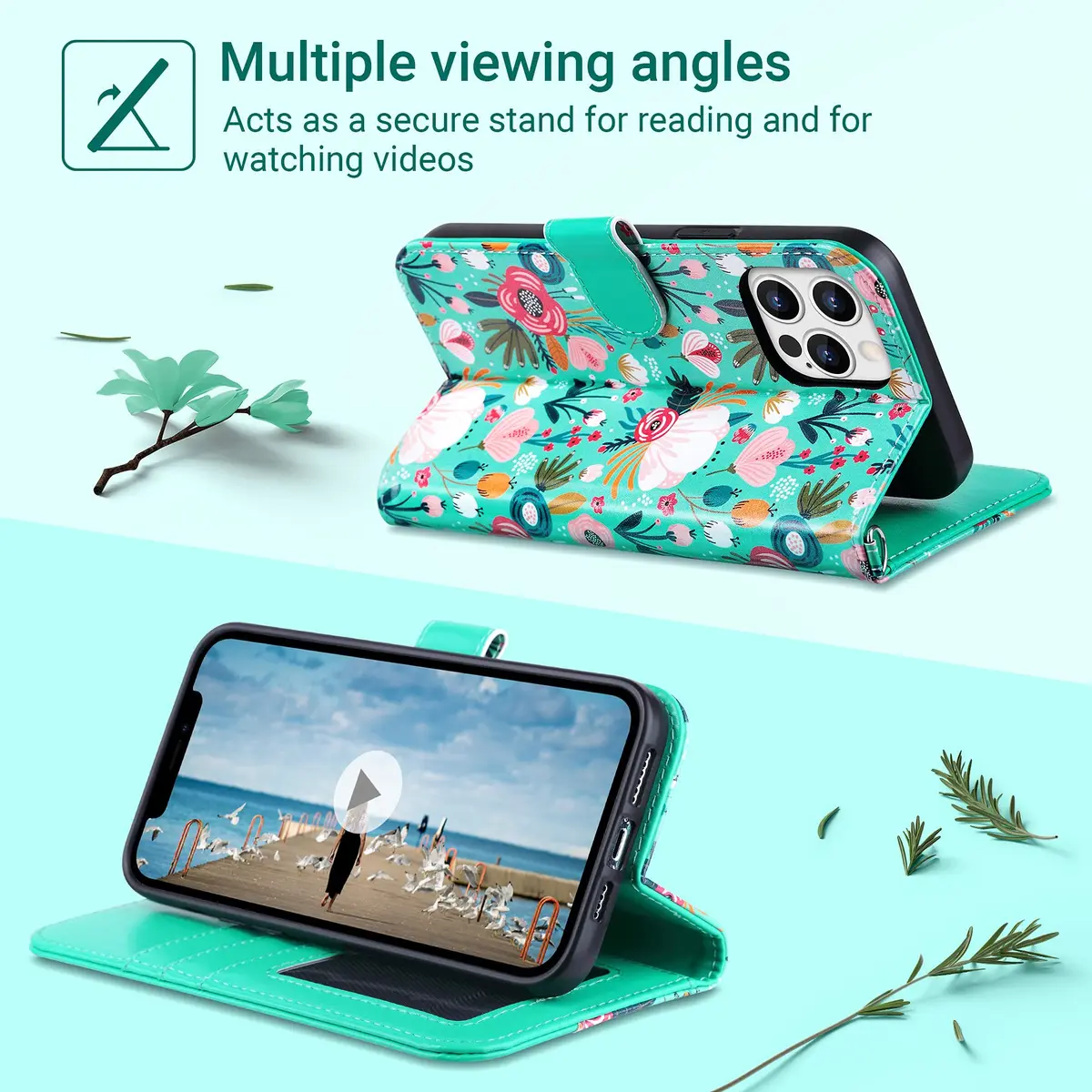 ULAK Mint Floral Wallet Case for iPhone 13 Pro Max 6.7" | Card Holder Flip Cover with Kickstand - view 7