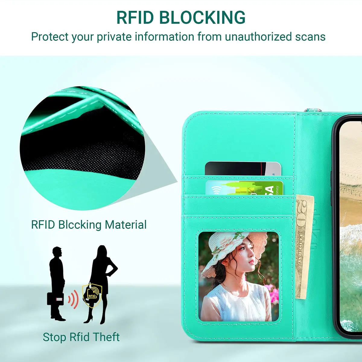 ULAK Mint Floral Wallet Case for iPhone 13 Pro Max 6.7" | Card Holder Flip Cover with Kickstand - view 9