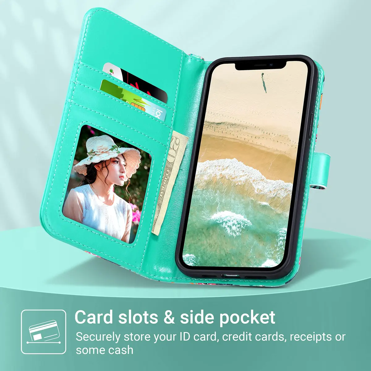 ULAK Mint Floral Wallet Case for iPhone 13 Pro Max 6.7" | Card Holder Flip Cover with Kickstand - view 2