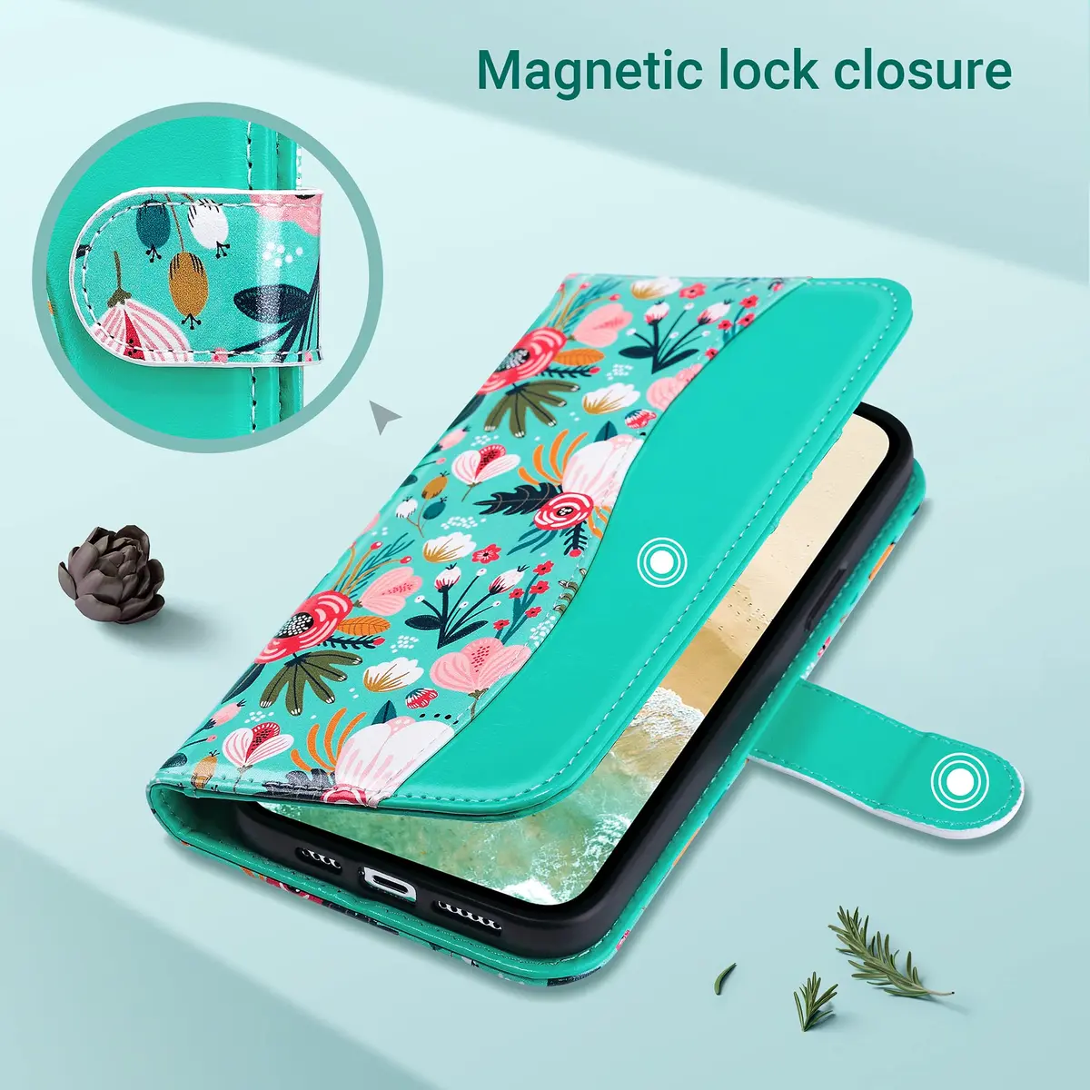 ULAK Mint Floral Wallet Case for iPhone 13 Pro Max 6.7" | Card Holder Flip Cover with Kickstand - view 3