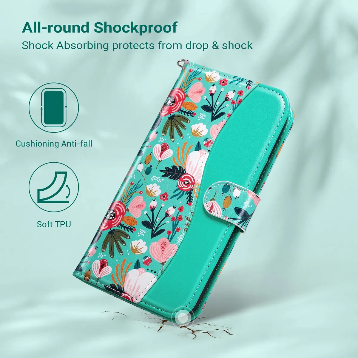 ULAK Mint Floral Wallet Case for iPhone 13 Pro Max 6.7" | Card Holder Flip Cover with Kickstand - view 4