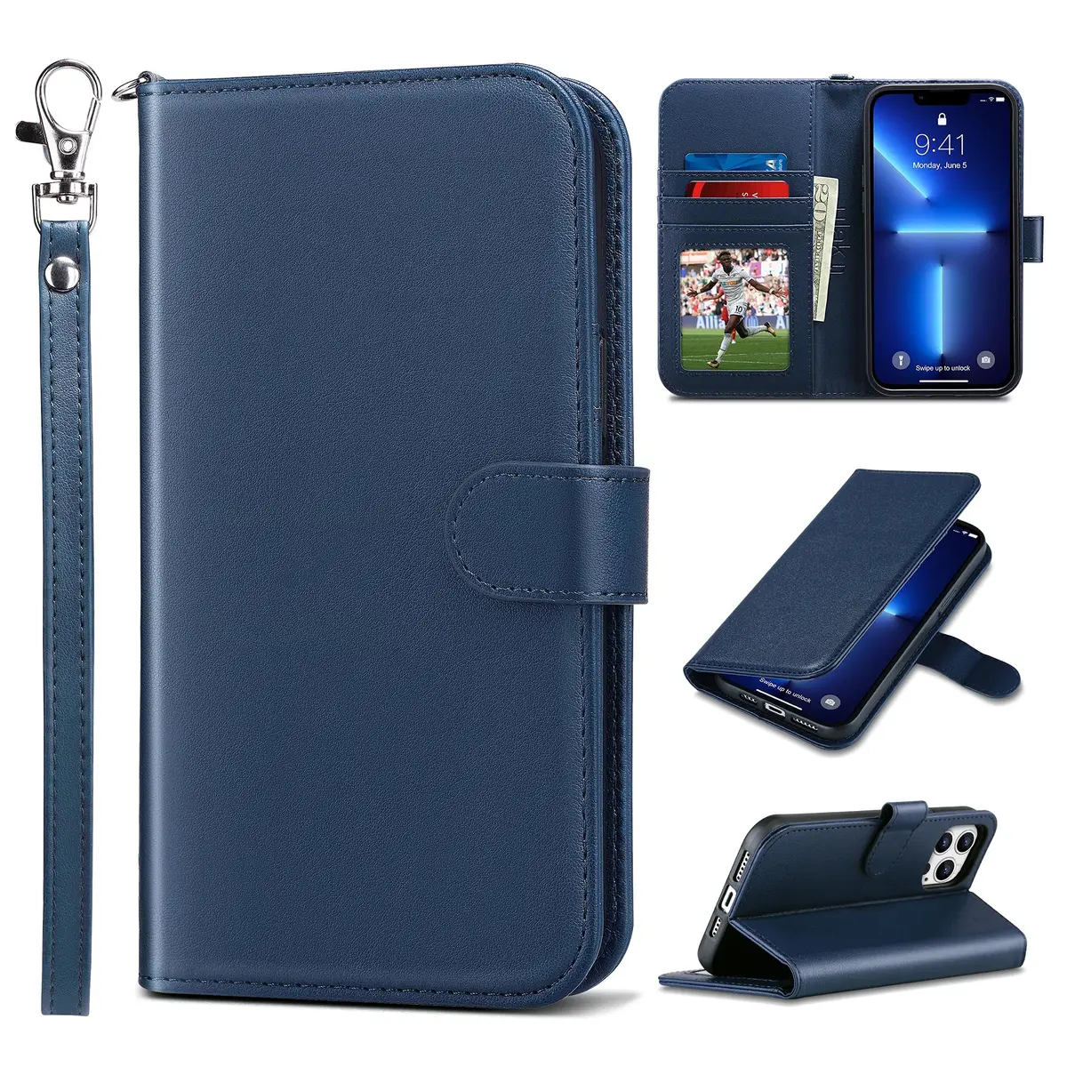 ULAK Blue Wallet Case for iPhone 13 Pro Max 6.7 inch | Card Holder with Kickstand & Wrist Strap - main product image