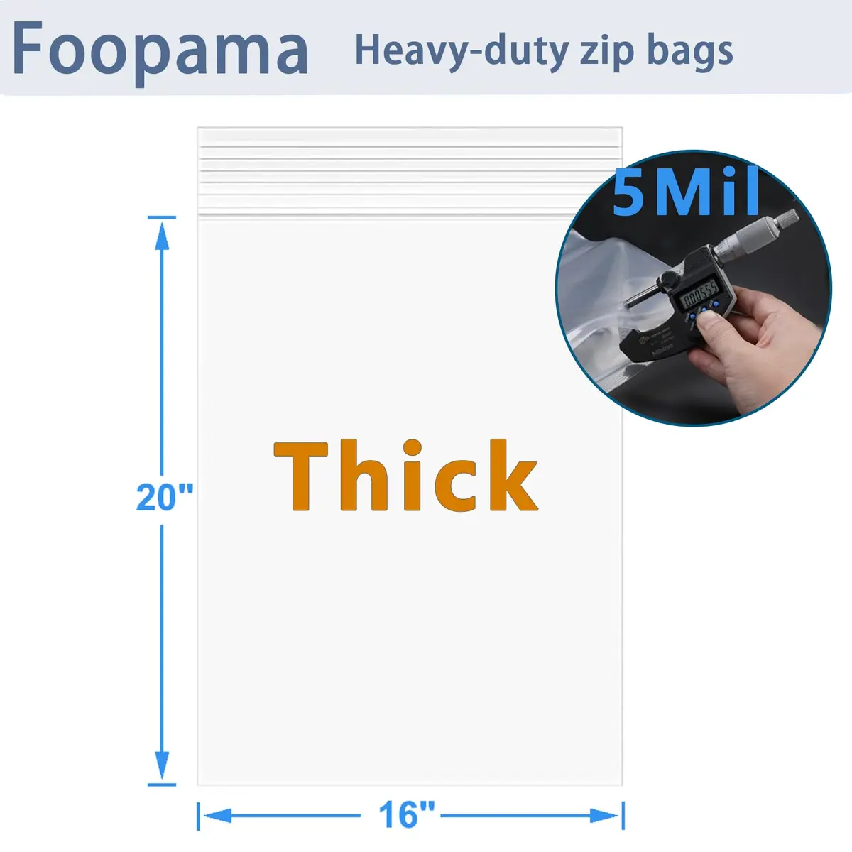 Foopama 5 Mil Thick Clear Zip Lock Plastic Bags 41cm x 30cm (16"x 20") | Heavy Duty Reclosable Packaging for Storage & Shipping - view 3