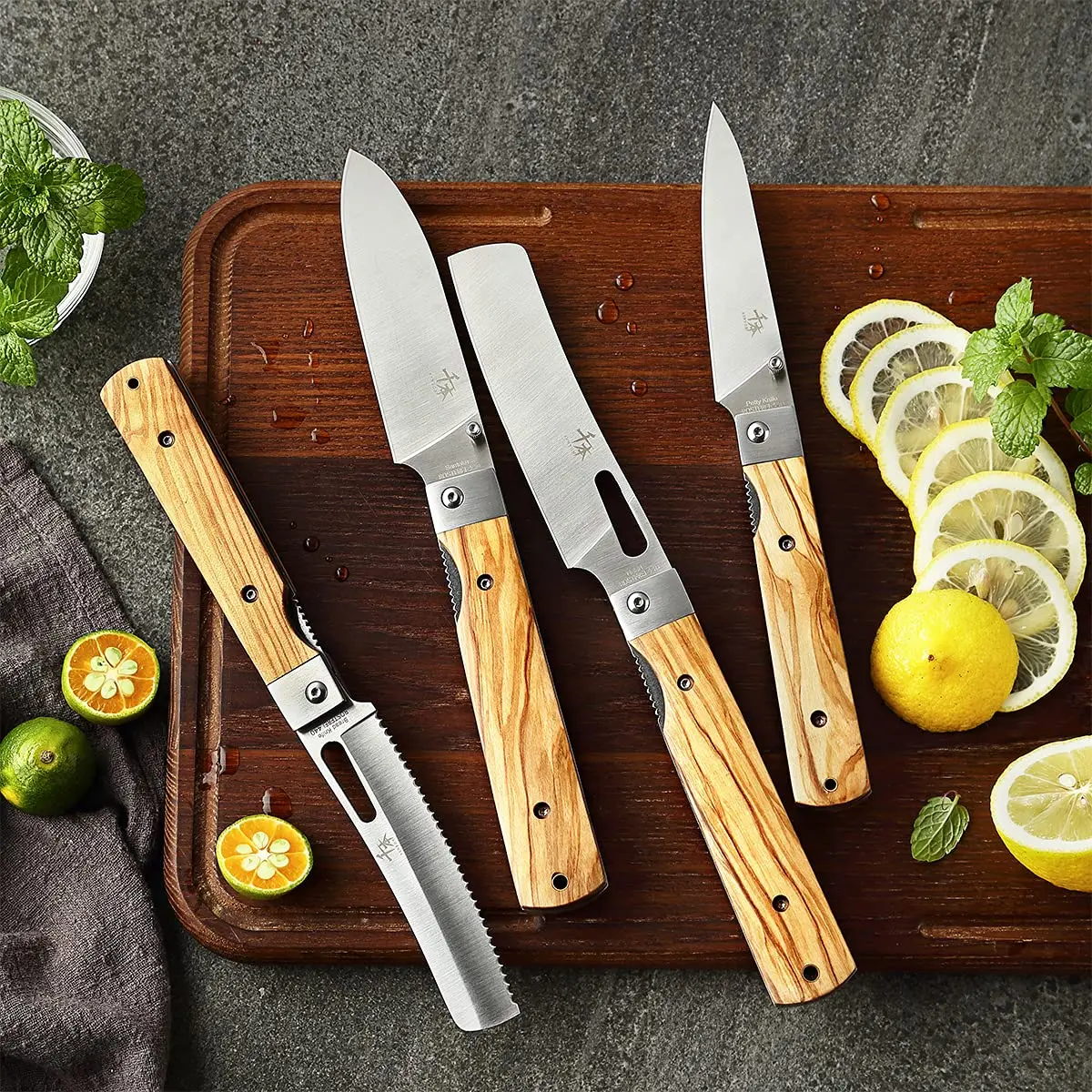 SENBON 4-Piece Folding Pocket Knife Set 20.3 cm (8 inches) | Forged 440A Stainless Steel Blades with Olive Wood Handles - view 5