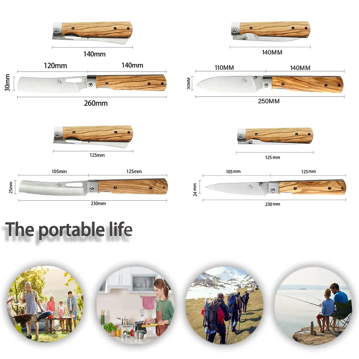 SENBON 4-Piece Folding Pocket Knife Set 20.3 cm (8 inches) | Forged 440A Stainless Steel Blades with Olive Wood Handles - view 2