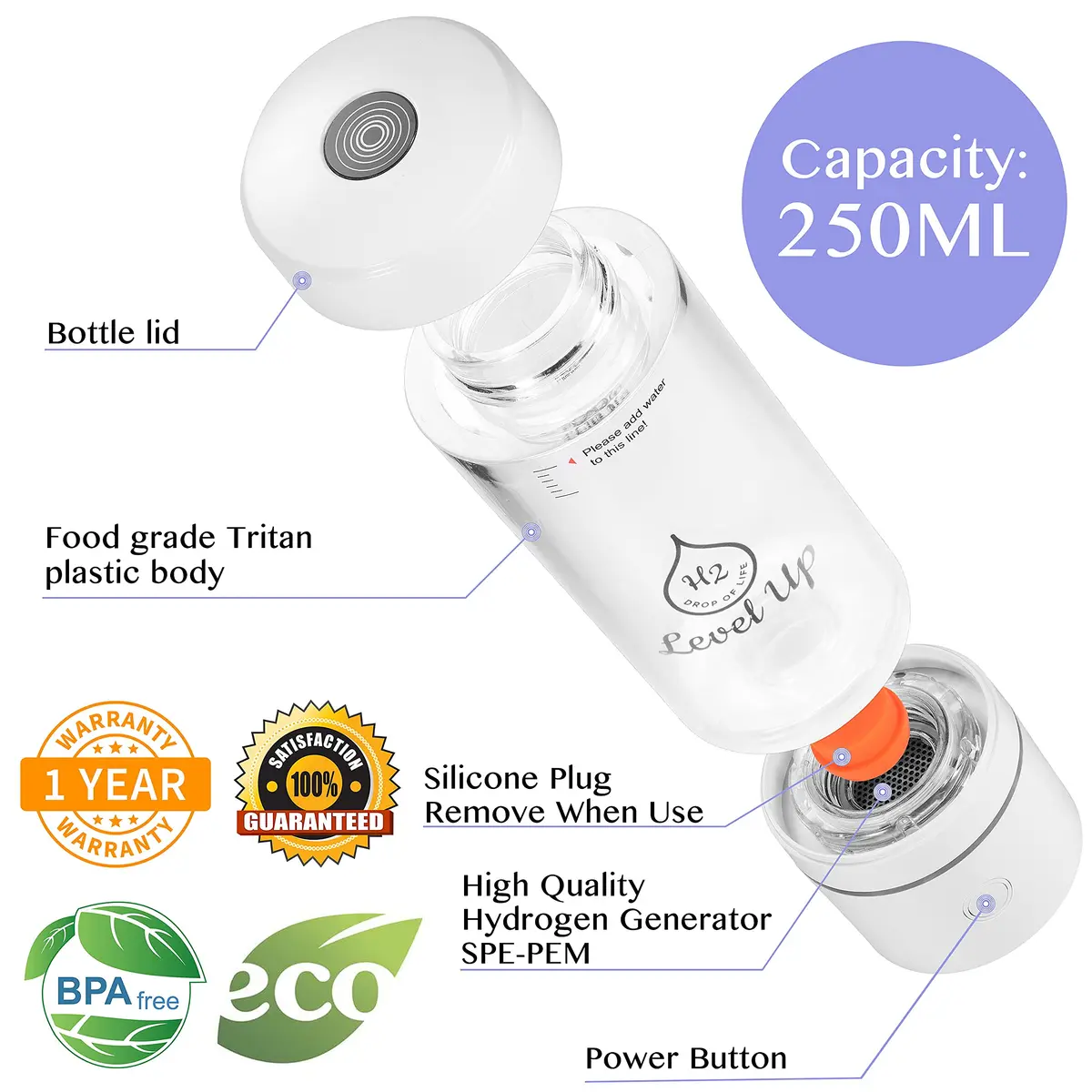LevelUpWay White 250ml Hydrogen Water Bottle Generator | SPE PEM Technology - view 3