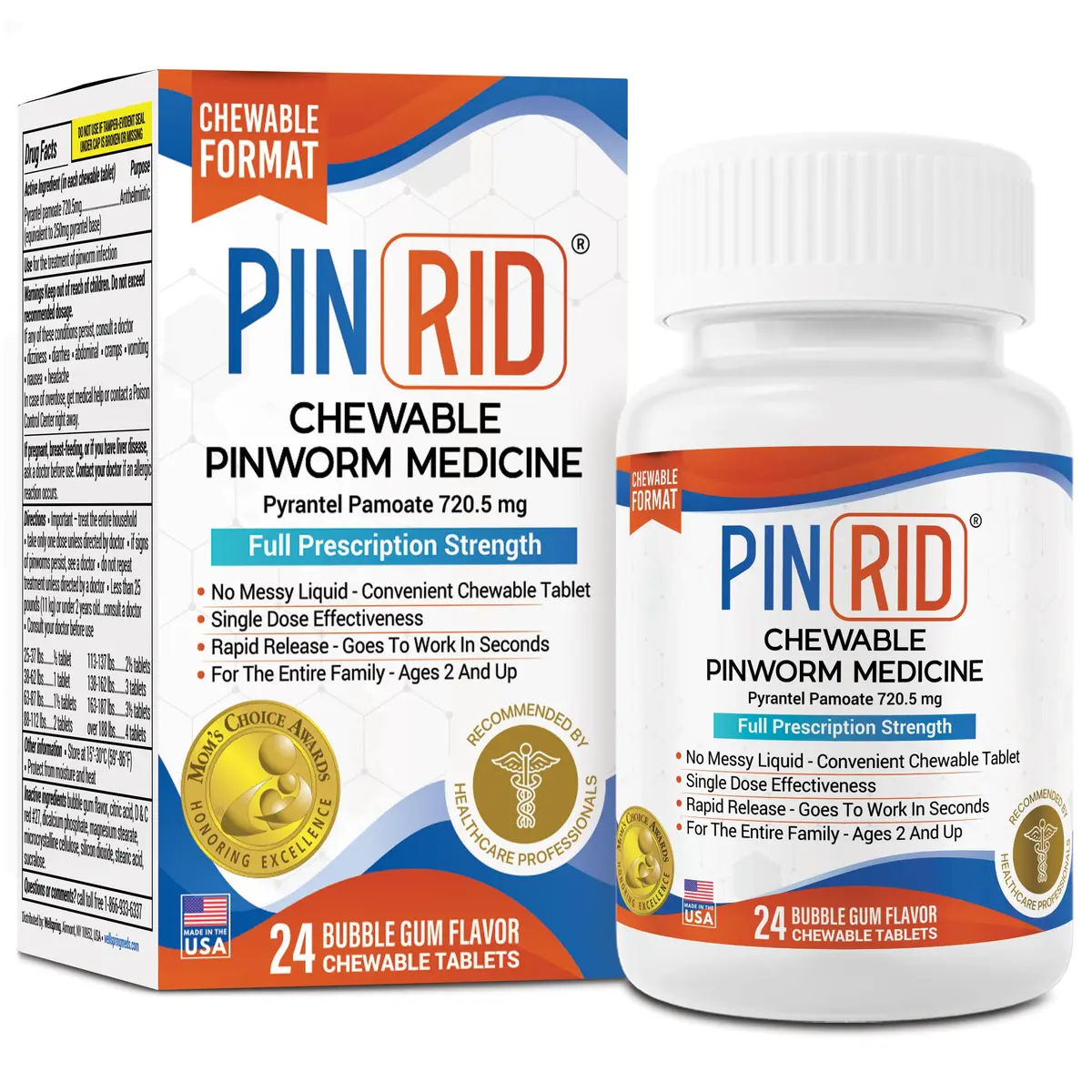 PIN RID Pyrantel Pamoate 250mg Chewable Tablets for Pinworm Relief | Tasty Bubblegum Flavor, 24 Count - main product image