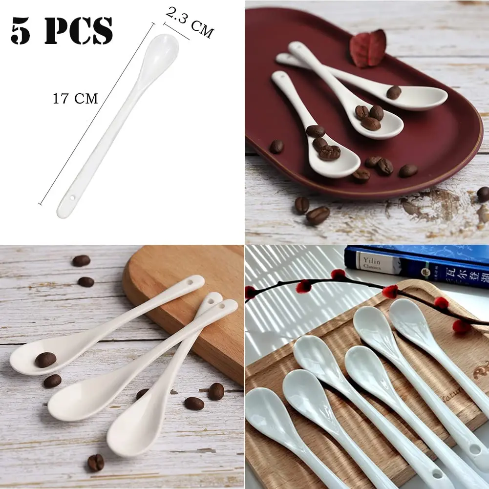 AKOAK 6.7" Ceramic Egg Spoon Set (5 Pieces) | White Long-Handled Teaspoon for Coffee, Tea, Yogurt, Ice Cream, Desserts - view 9