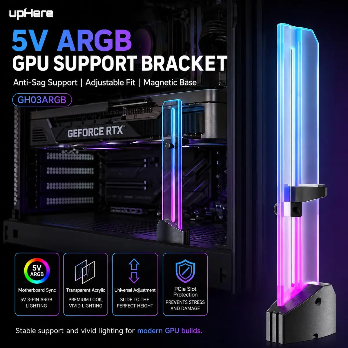 upHere GH03ARGB 5V Addressable RGB GPU Brace Support Holder | 24cm (9.4in) Adjustable Height - view 2