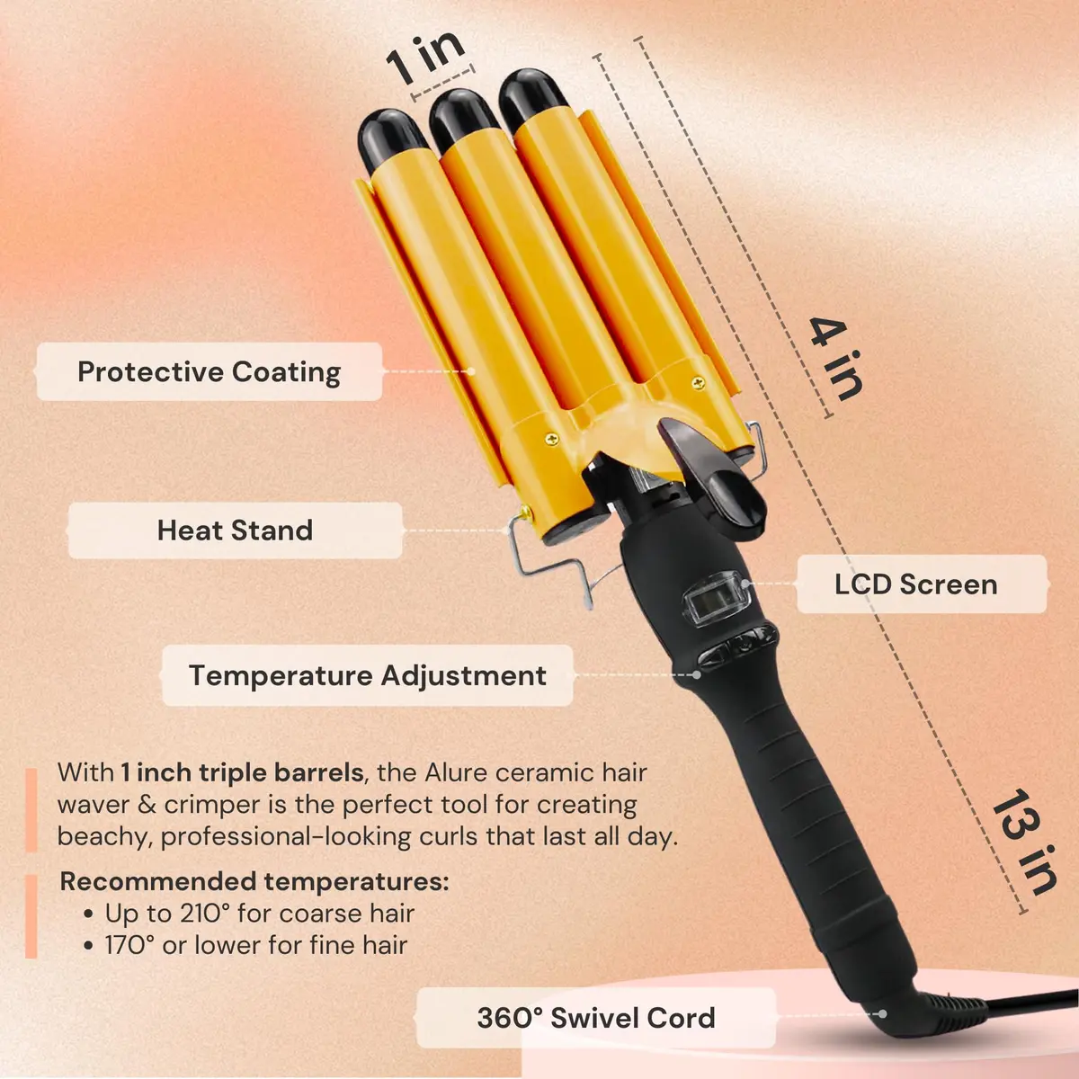 Alure Three Barrel Curling Iron Wand, 1 Inch Ceramic Tourmaline Hair Waver | Fast Heating, Versatile Styling - view 6