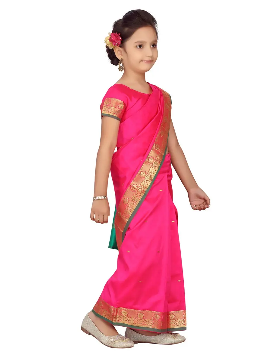 Aarika Girl's Pure Silk Saree with Blouse, Rani Pink, 5-6 Years | Party Wear Traditional Indian Outfit - view 2