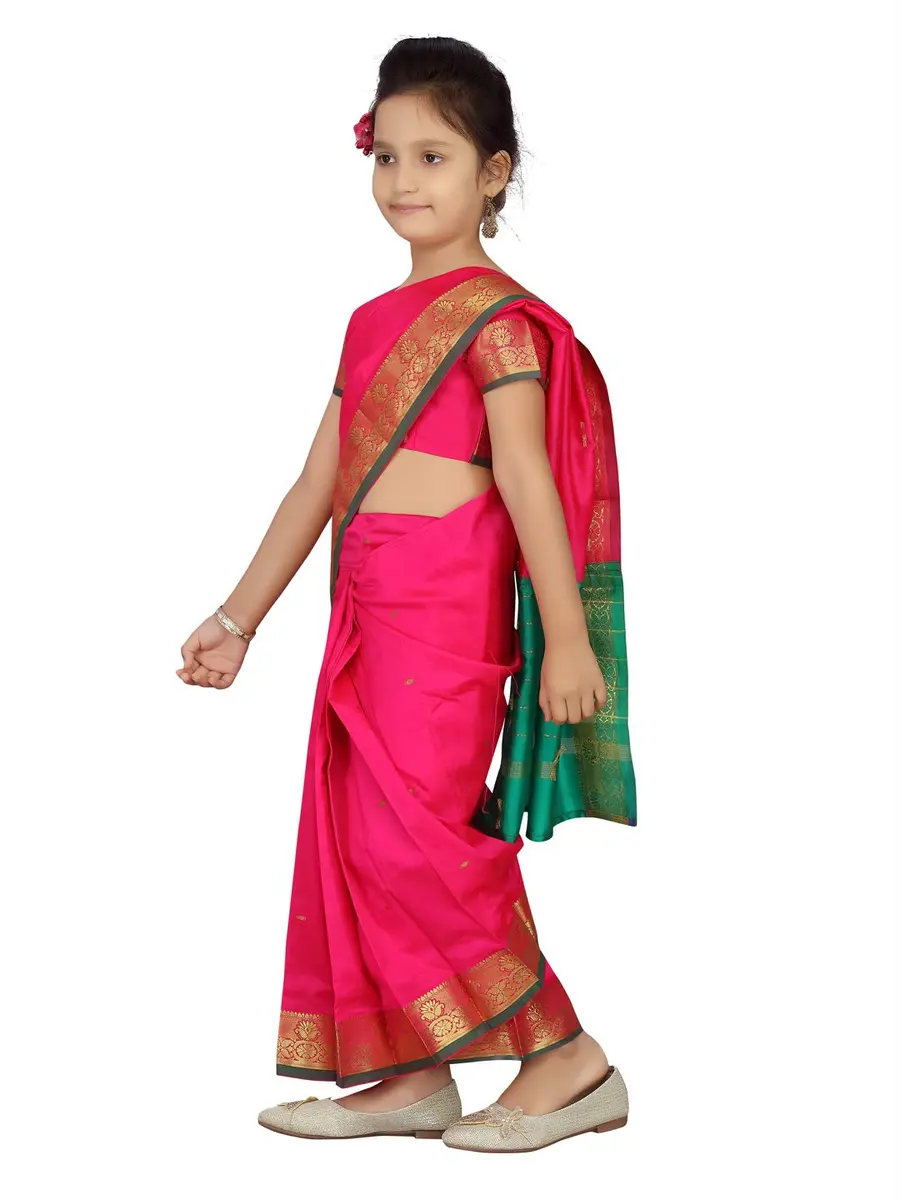 Aarika Girl's Pure Silk Saree with Blouse, Rani Pink, 5-6 Years | Party Wear Traditional Indian Outfit - view 3
