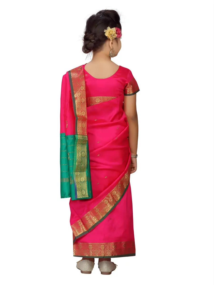 Aarika Girl's Pure Silk Saree with Blouse, Rani Pink, 5-6 Years | Party Wear Traditional Indian Outfit - view 4