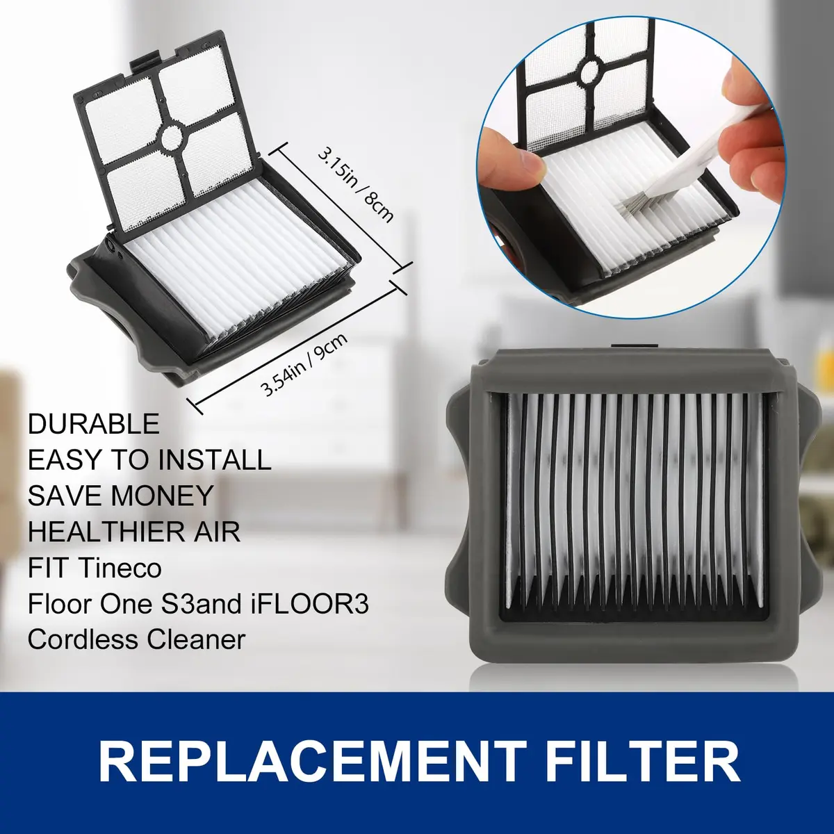 MXZONE Tineco iFloor 3/Floor One S3 Replacement Roller Brush & HEPA Filter Kit (2 Brush Rollers, 2 Filters, 1 Cleaning Brush) | For Sealed Wood, Tile, Marble Floors - view 5