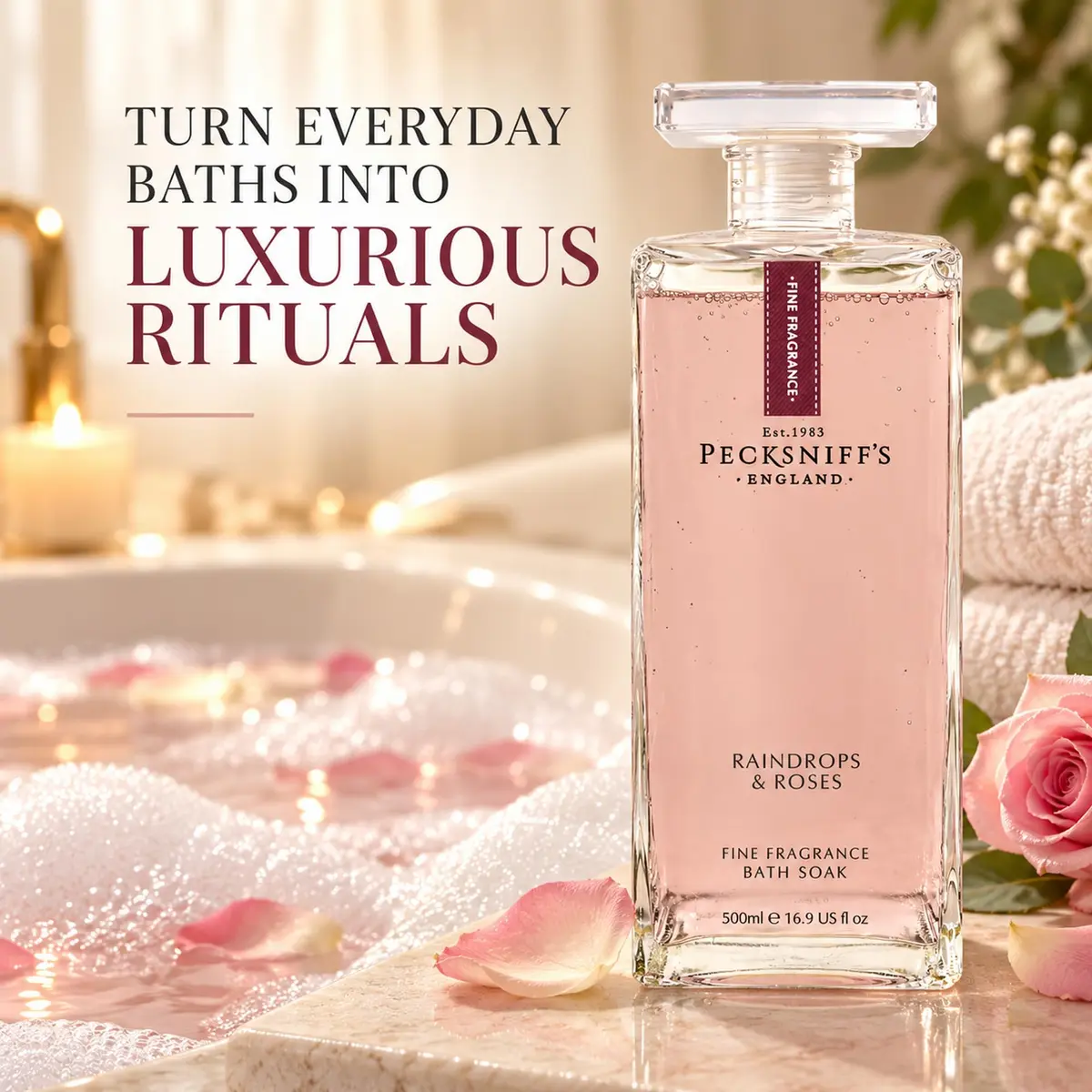 Pecksniff's Prestige 500ml Bath Soak Decanter Raindrops & Roses | Floral, Relaxing Bath Experience in India - view 5