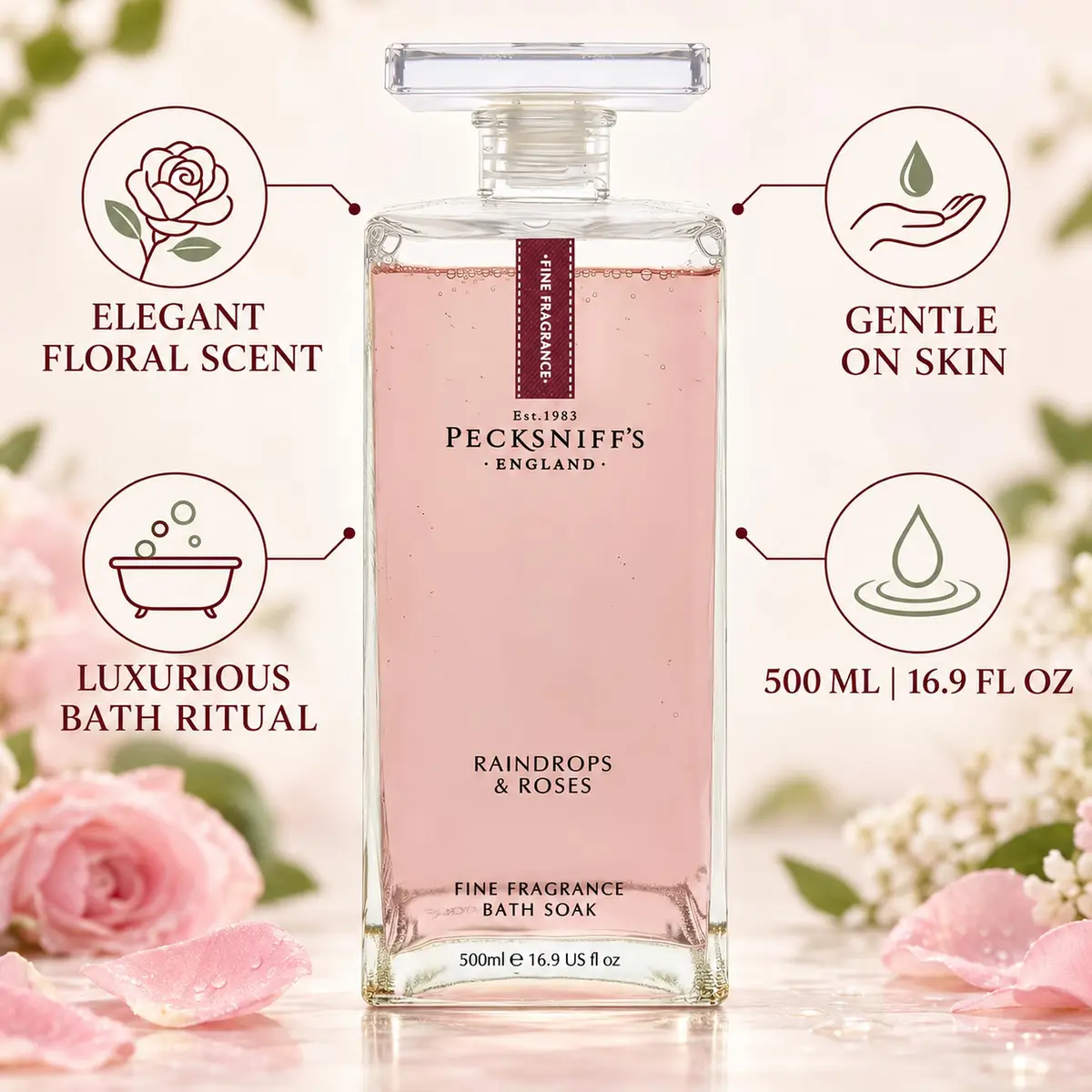 Pecksniff's Prestige 500ml Bath Soak Decanter Raindrops & Roses | Floral, Relaxing Bath Experience in India - view 2