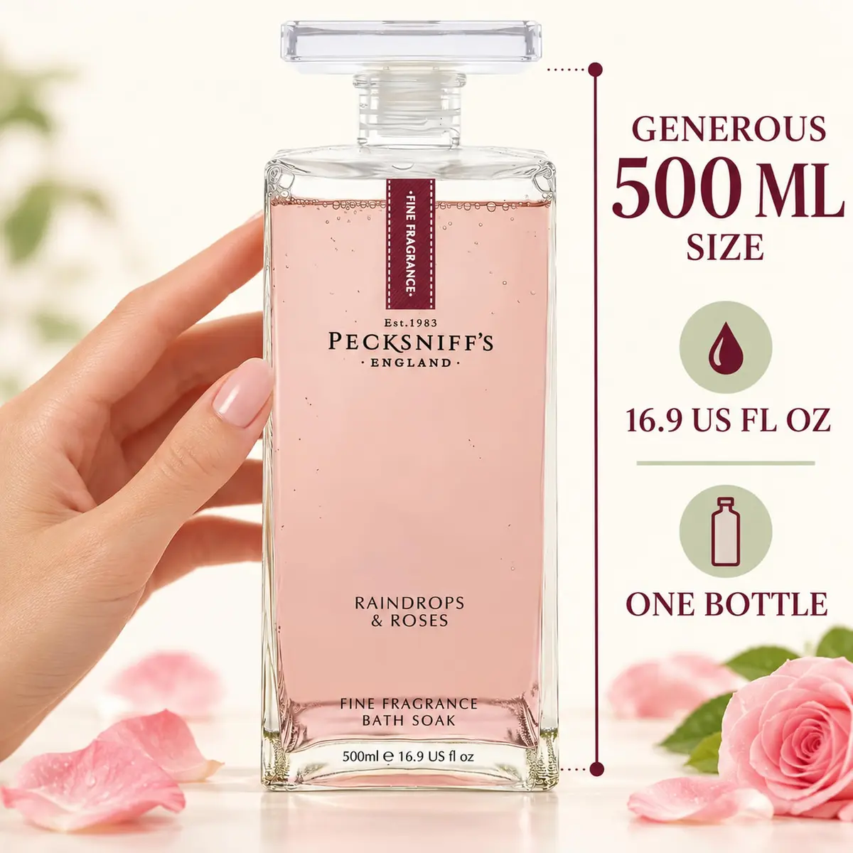 Pecksniff's Prestige 500ml Bath Soak Decanter Raindrops & Roses | Floral, Relaxing Bath Experience in India - view 4